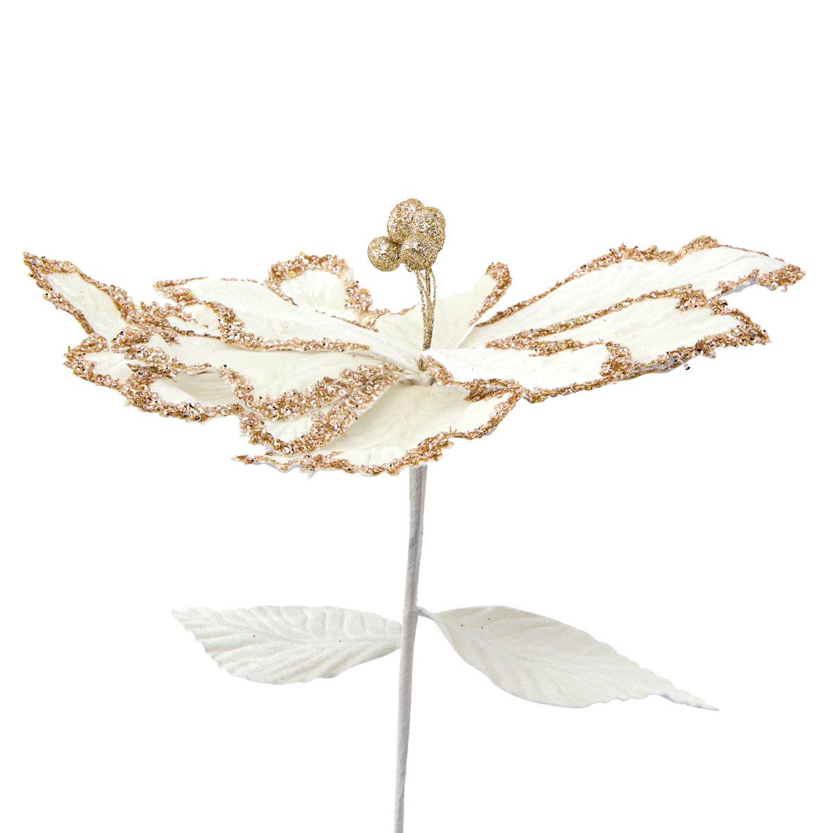 Branche décorative de Noël poinsettia beige pailleté H. 75 cm blanc, FEERIC LIGHTS & CHRISTMAS