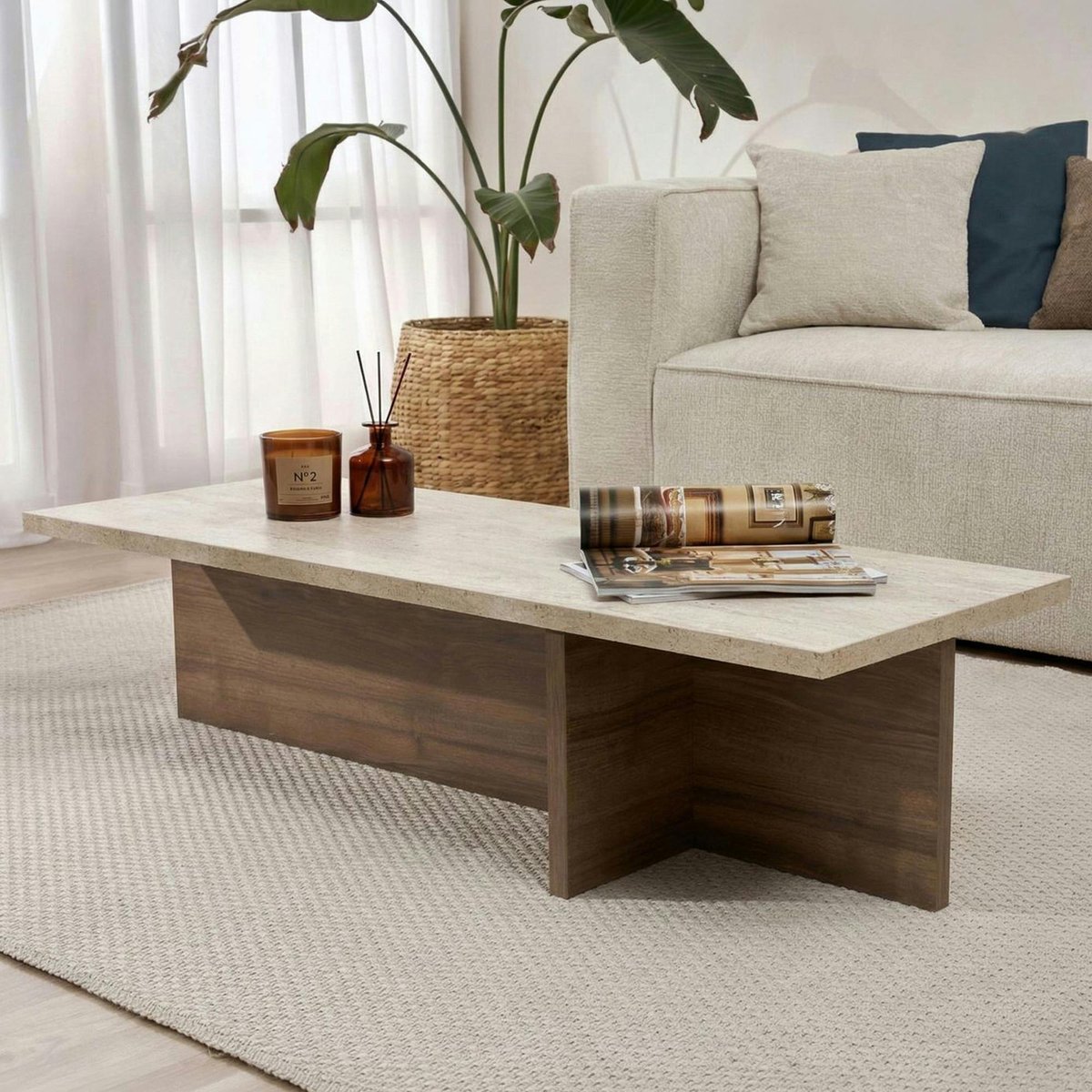Table basse étroite décor travertin et noyer MARFA beige, PIER IMPORT