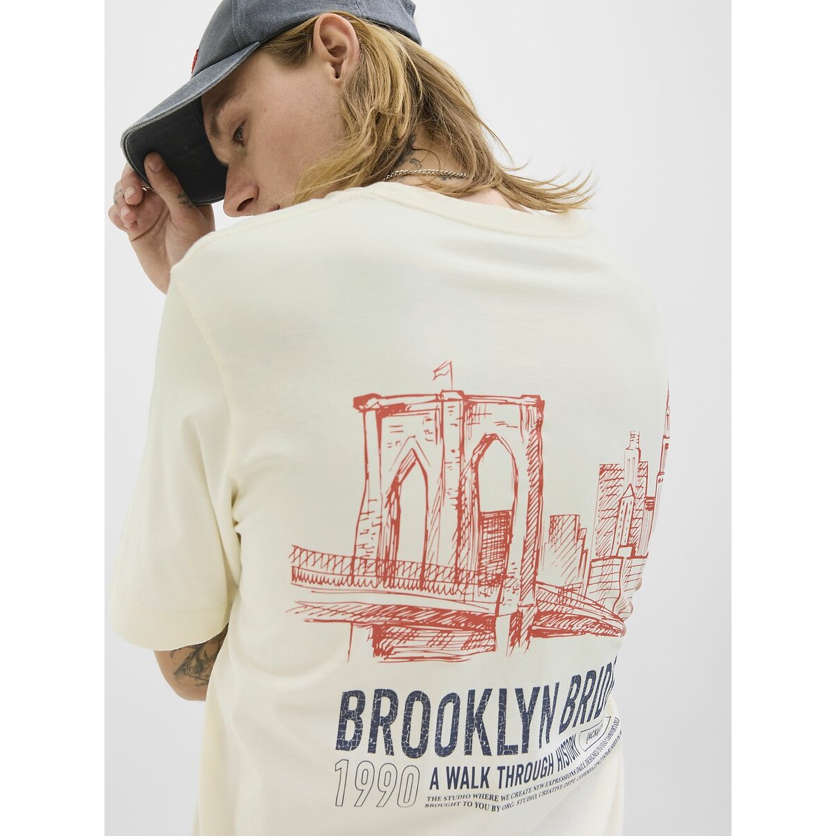 T-shirt col rond imprimé dos crème, JACK & JONES