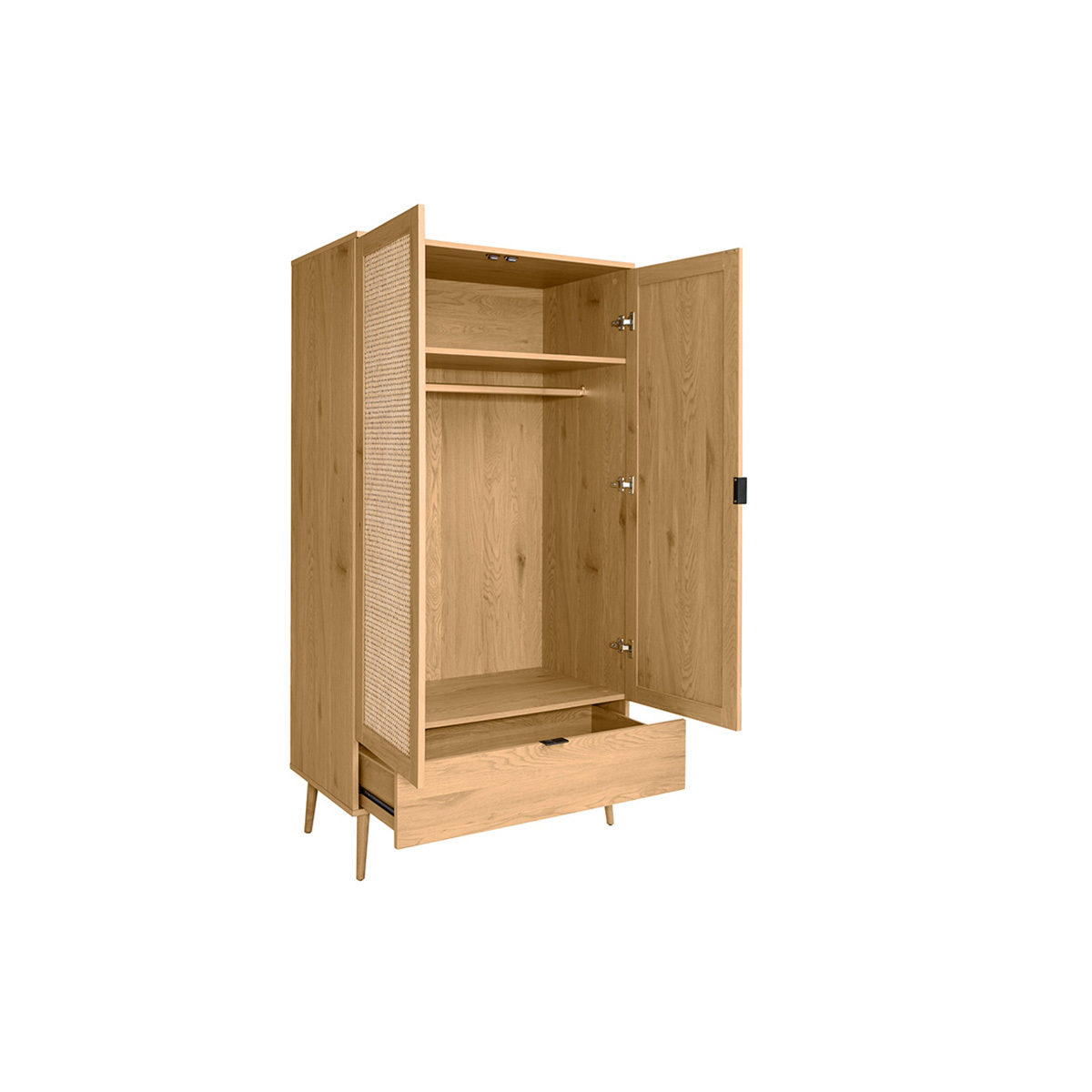 Armoire finition bois clair, cannage en rotin et métal noir L100 cm MANILLE chêne clair, MILIBOO