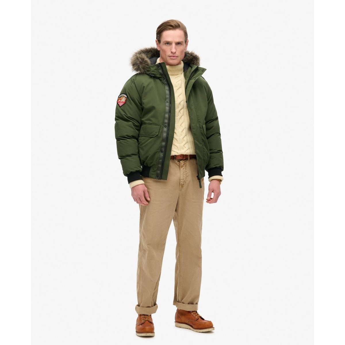 Blouson Bomber Everest en imitation Fourrure kaki, SUPERDRY