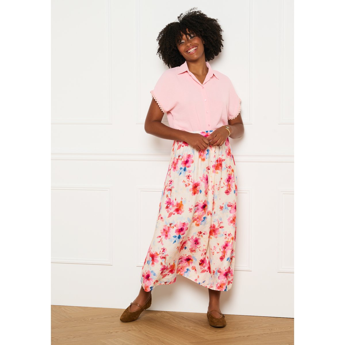 Jupe maxi imprimé fleuri rose clair, LOLALIZA