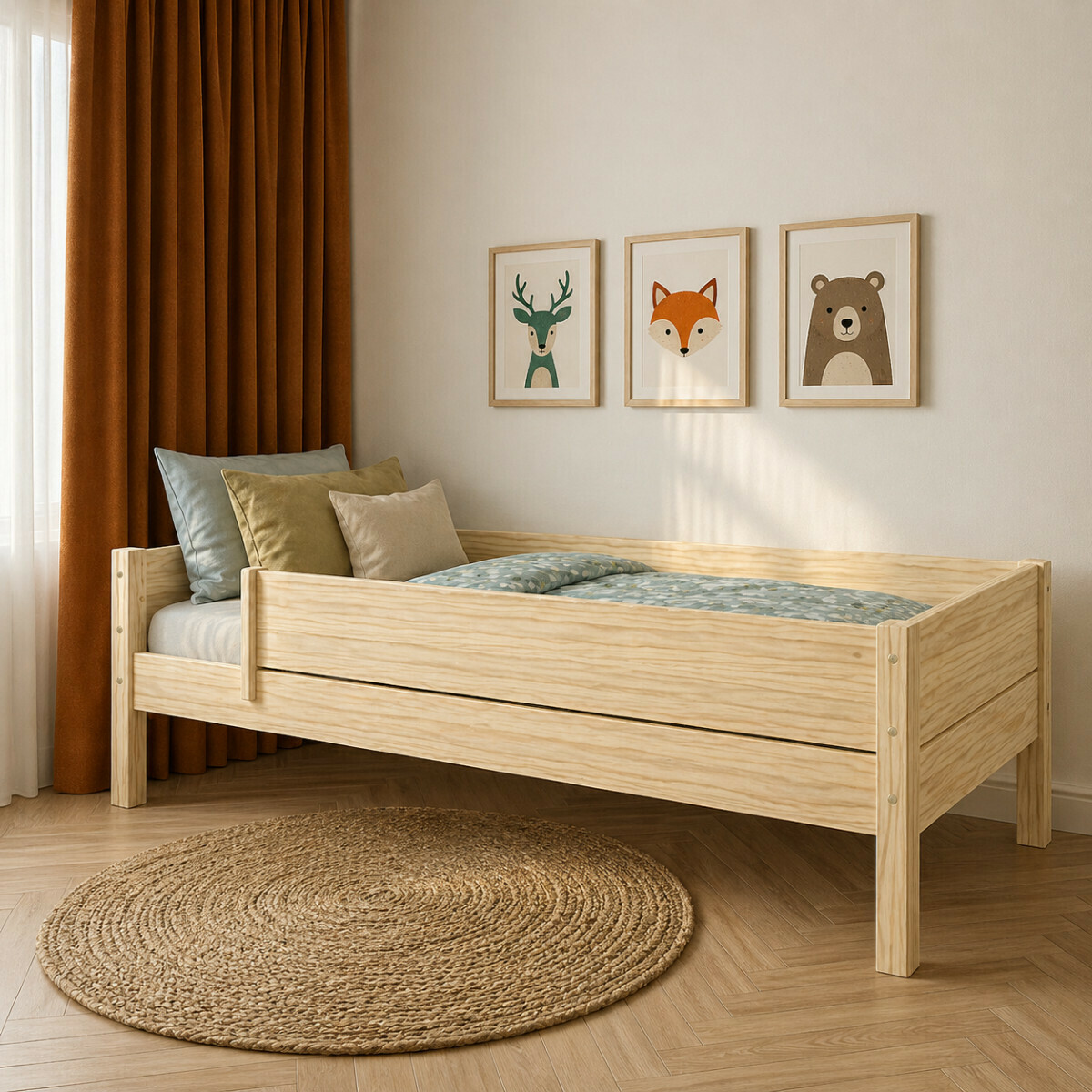 Lit banquette avec barrière Bois massif bois naturel, AKITEN RETAIL