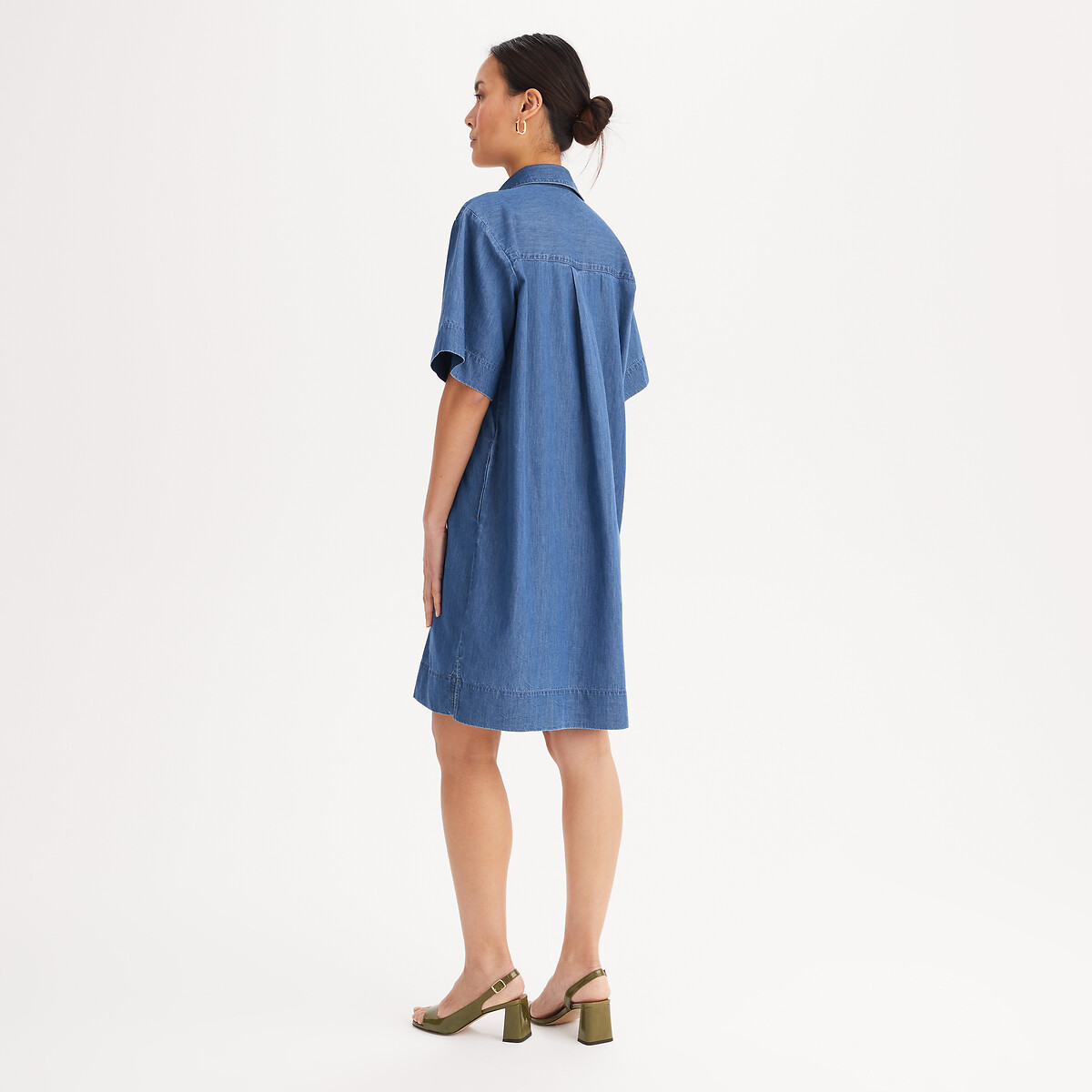 Robe droite, longueur genou, manches courtes, en denim light denim stone, ANNE WEYBURN