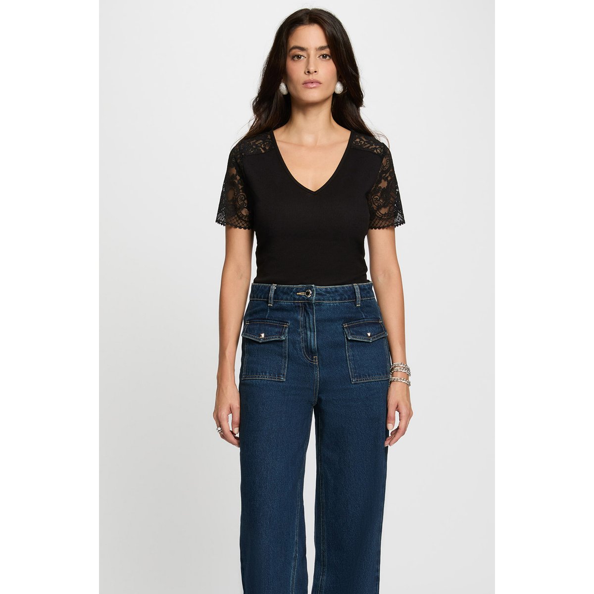 T-shirt dentelle col v noir, MORGAN