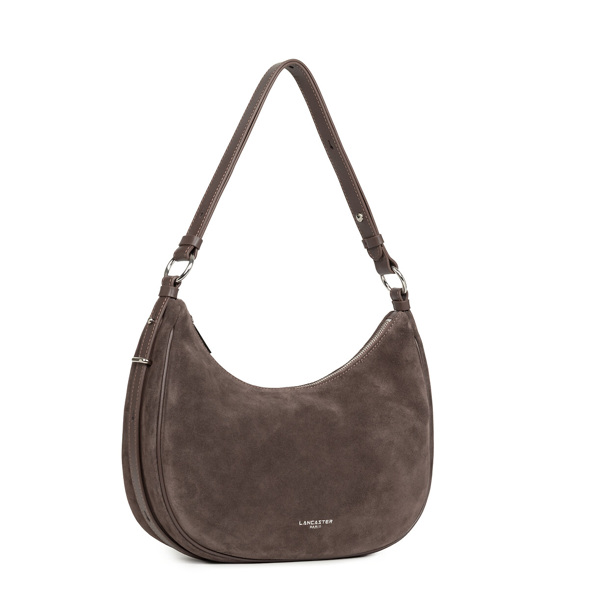 L suede zip-up shoulder bag brown, LANCASTER
