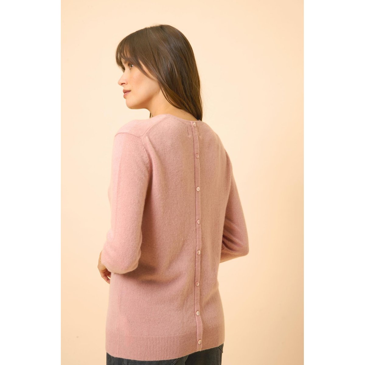 Pull Col Rond Boutonné Dos Bois De Rose Janice rose, JUST CASHMERE