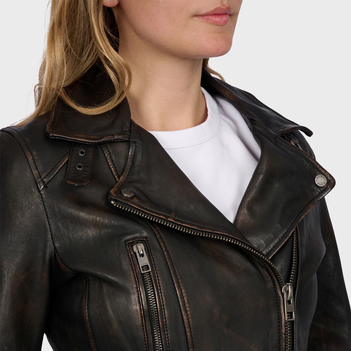 Blouson en cuir à coupe slim VIDEO marron vieilli, OAKWOOD