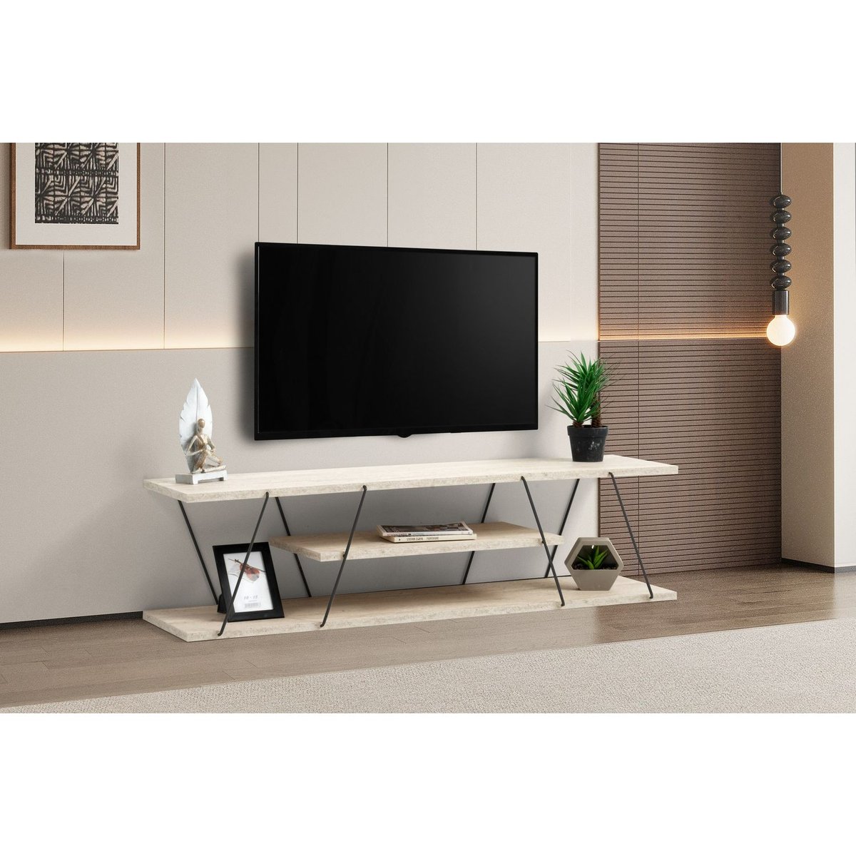Meuble TV 3 niveaux effet travertin design industriel CANAZ beige, TOILINUX