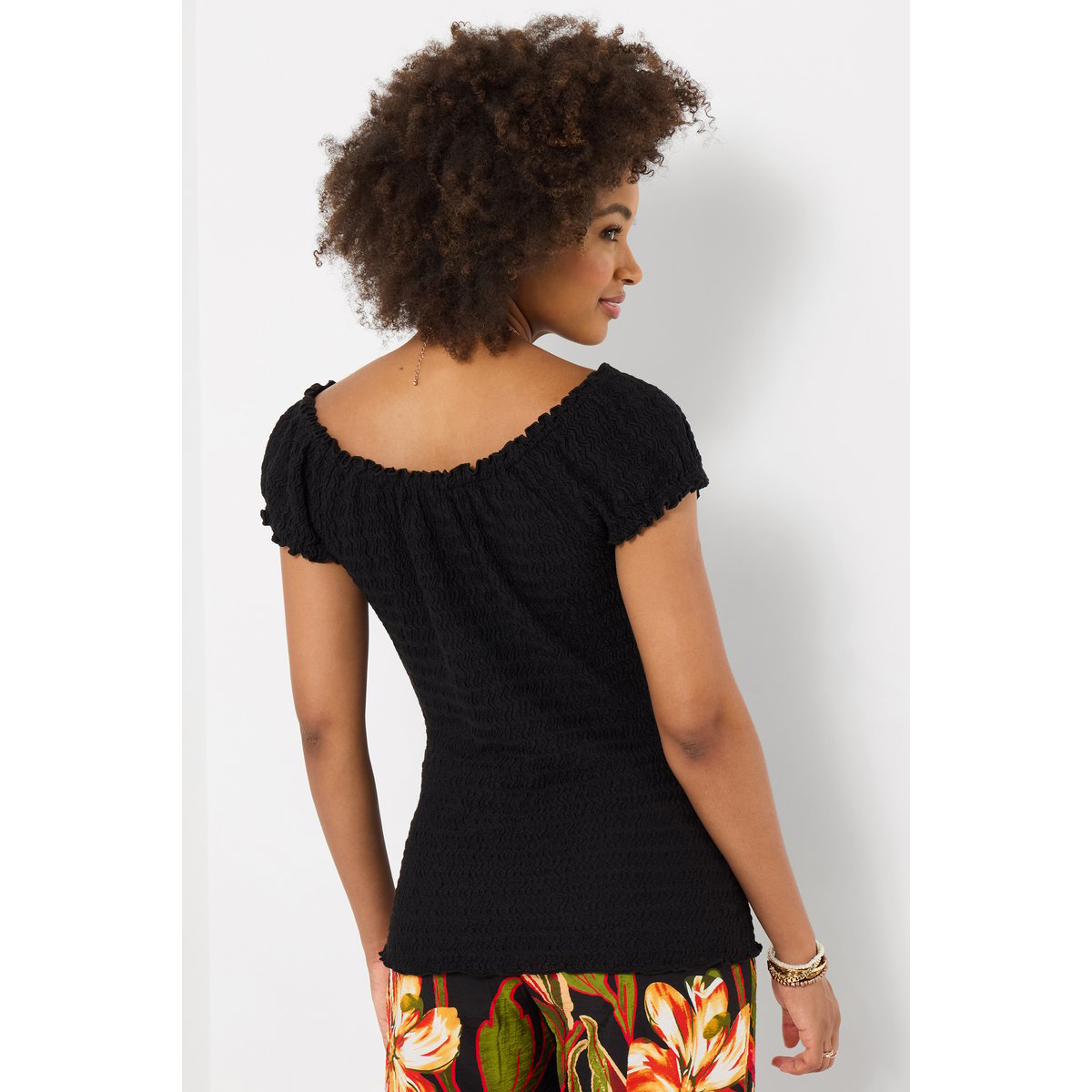 T-shirt en jersey texturé d’inspiration bohème noir, JOE BROWNS