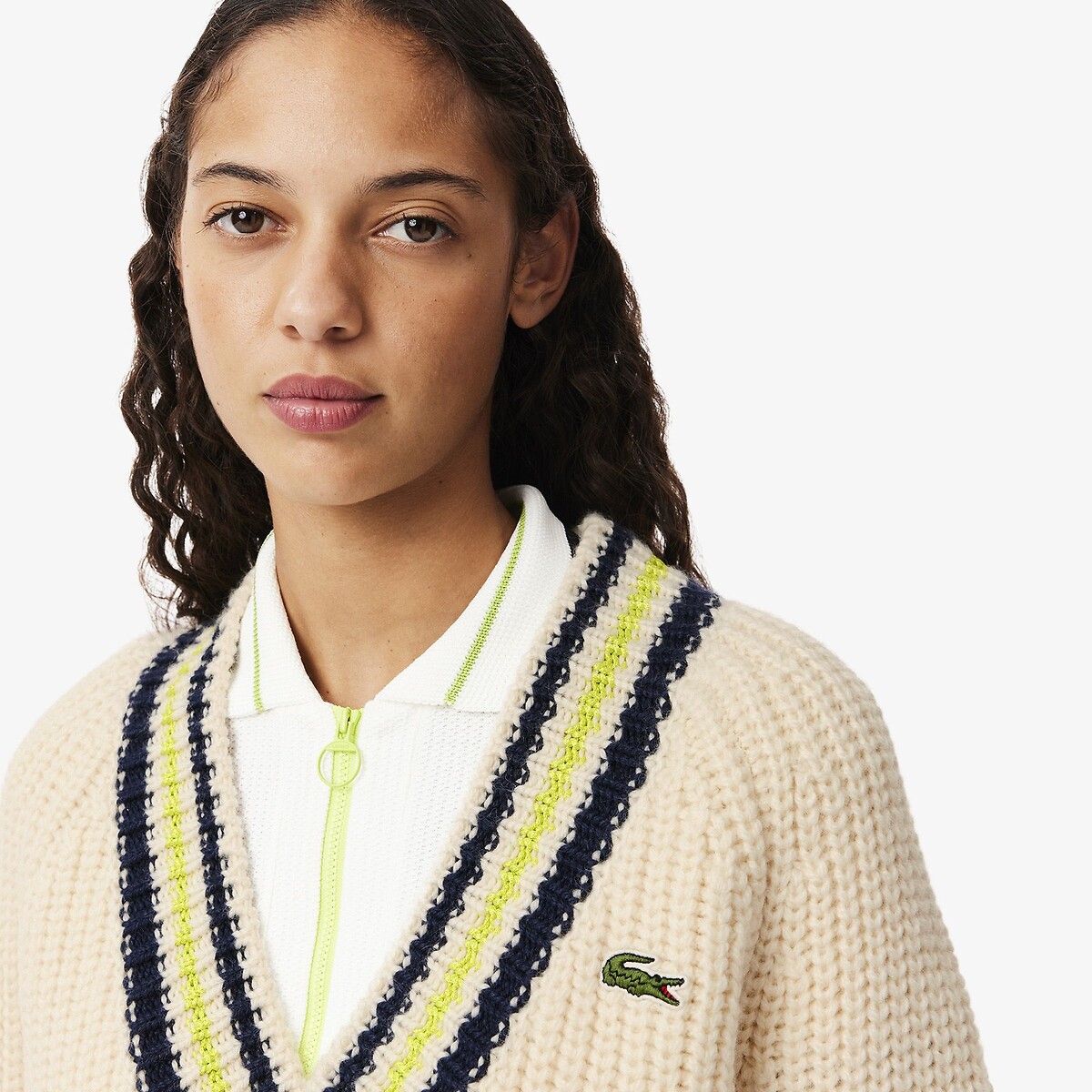 Pull tennis col V oversize en laine blanc-i63, LACOSTE