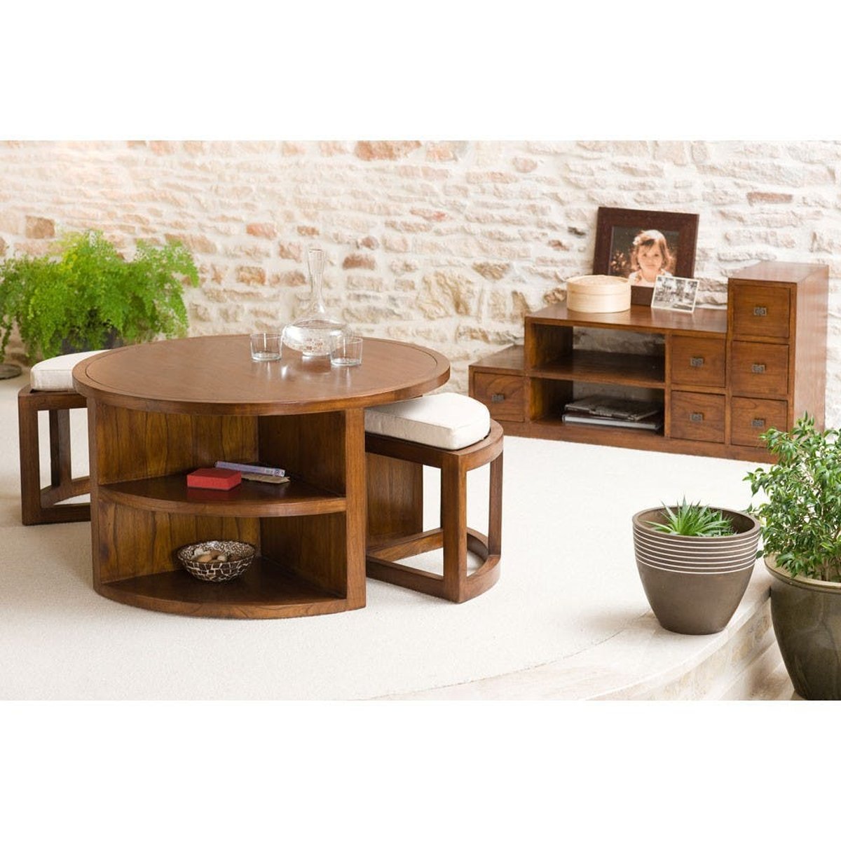 Table basse ronde bois exotique naturel 90cm - inclus 2 tabourets avec coussins LOLA bois naturel, PIER IMPORT