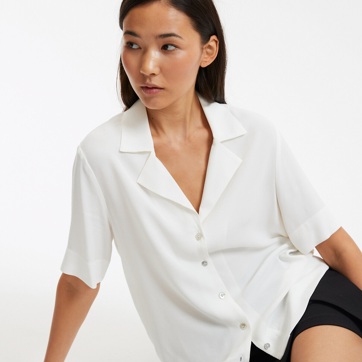 Tailored Collar Blouse with Elbow-Length Sleeves ivory, LA REDOUTE COLLECTIONS