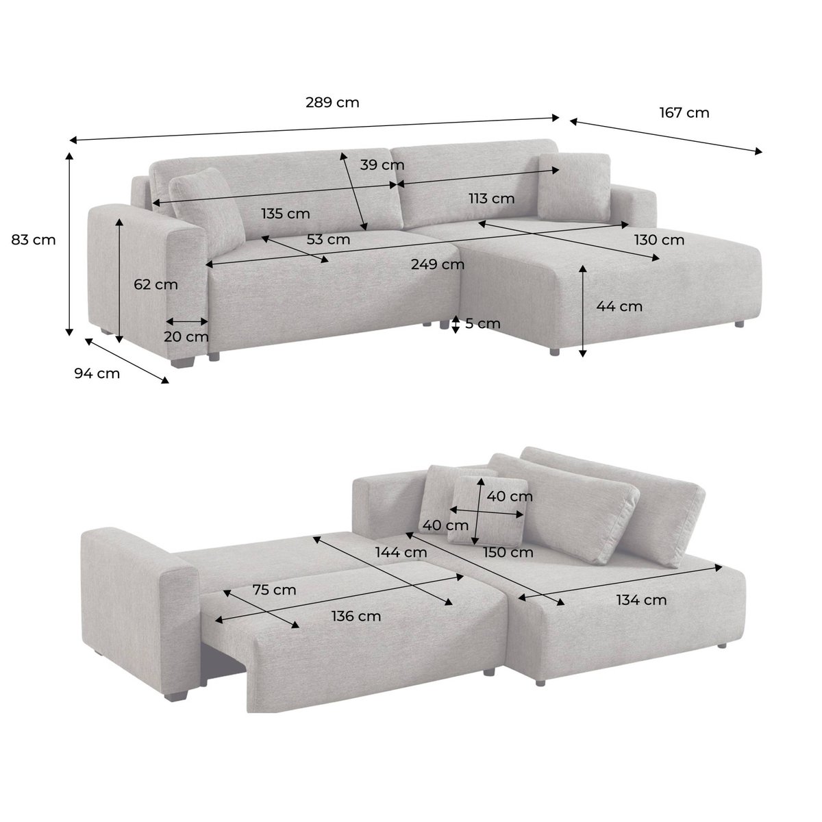 Canapé d'angle droit convertible 3 places tissu avec coffre WIDE gris foncé, SWEEEK