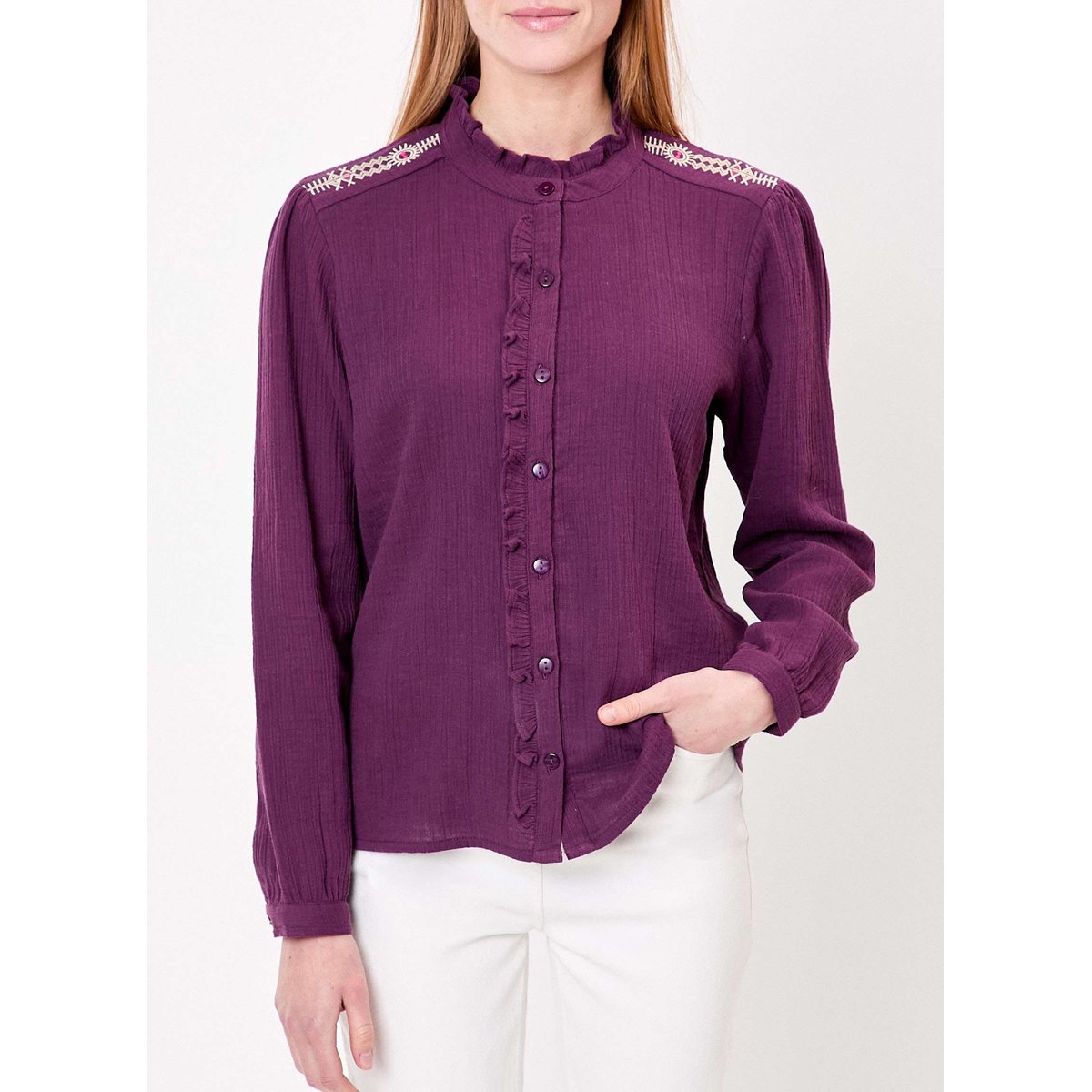 Chemise volantée brodée gaze de coton bio ENOLA violet figue, LA FIANCÉE