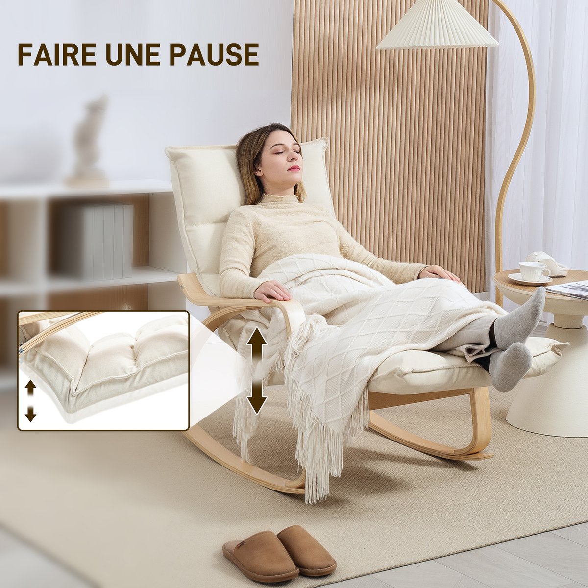 Fauteuil à bascule Lin (100% polyester) Blanc crème, HOMCOM