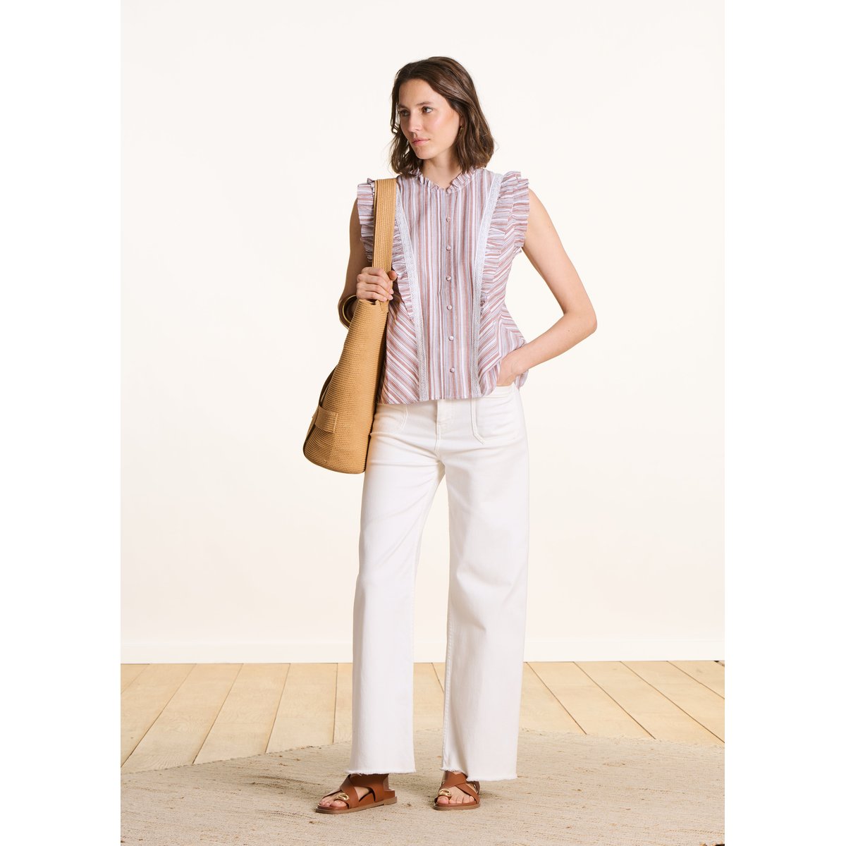 Chemise rayée à volant sans manches blanc/marron, LA FEE MARABOUTEE
