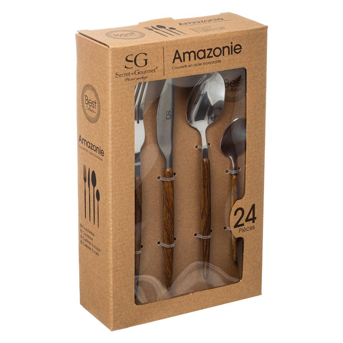 Ménagère 24 pièces en acier inoxydable et manches effet bois AMAZONIE marron, SECRET DE GOURMET