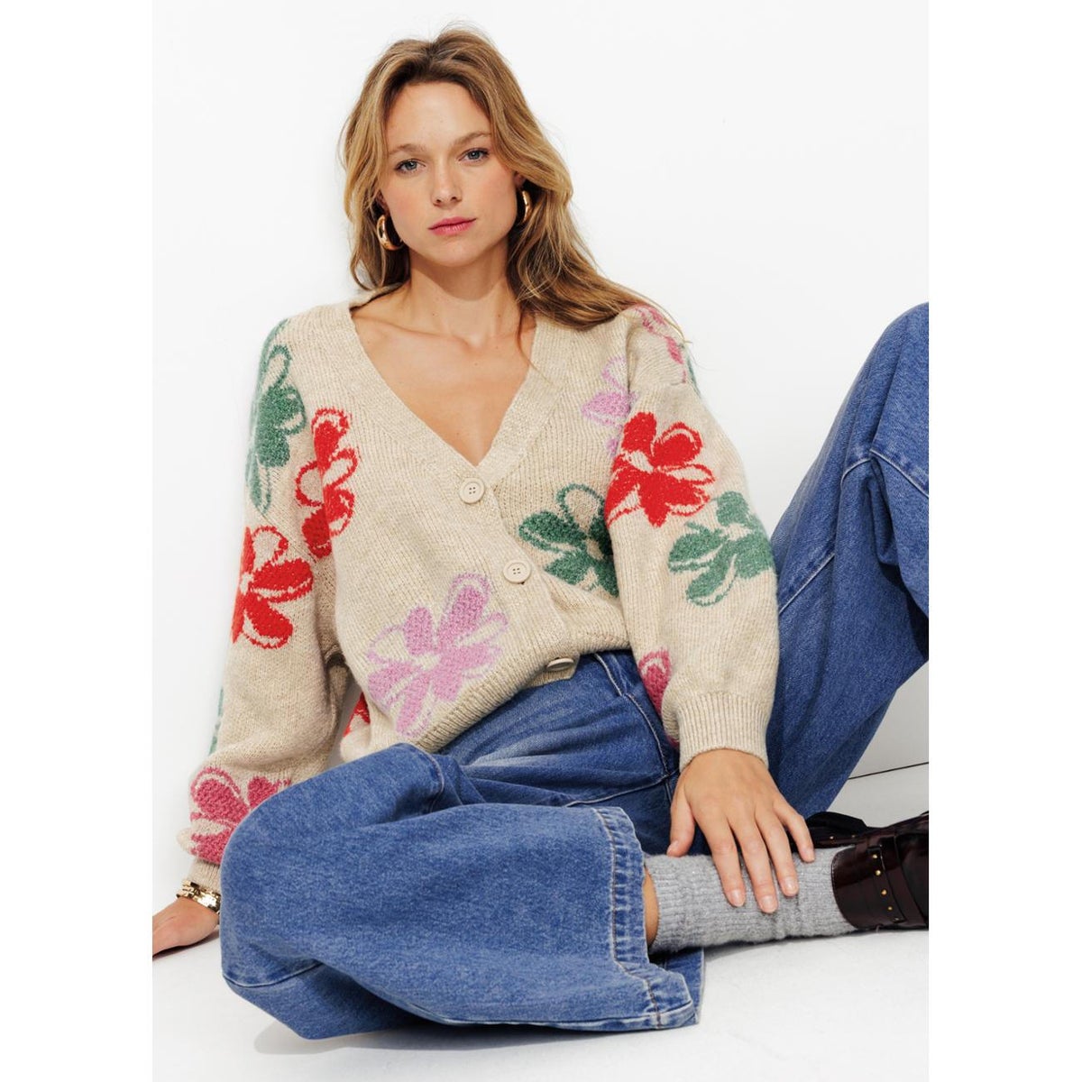 Cardigan à fleurs imprimé écru, PROMOD