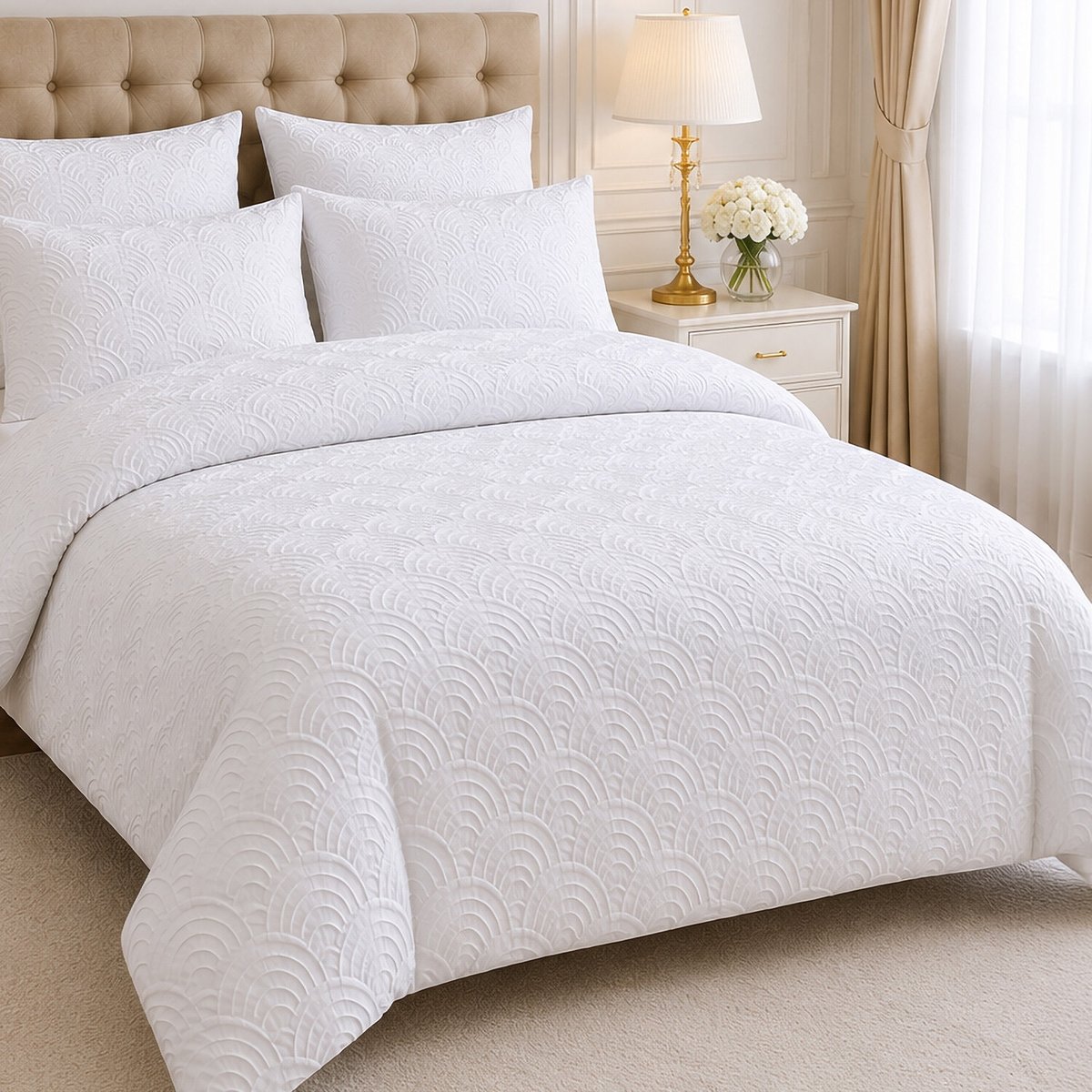 Parure de lit microfibre jacquard effet éventails blanc, TILA blanc, C DESIGN HOME TEXTILE