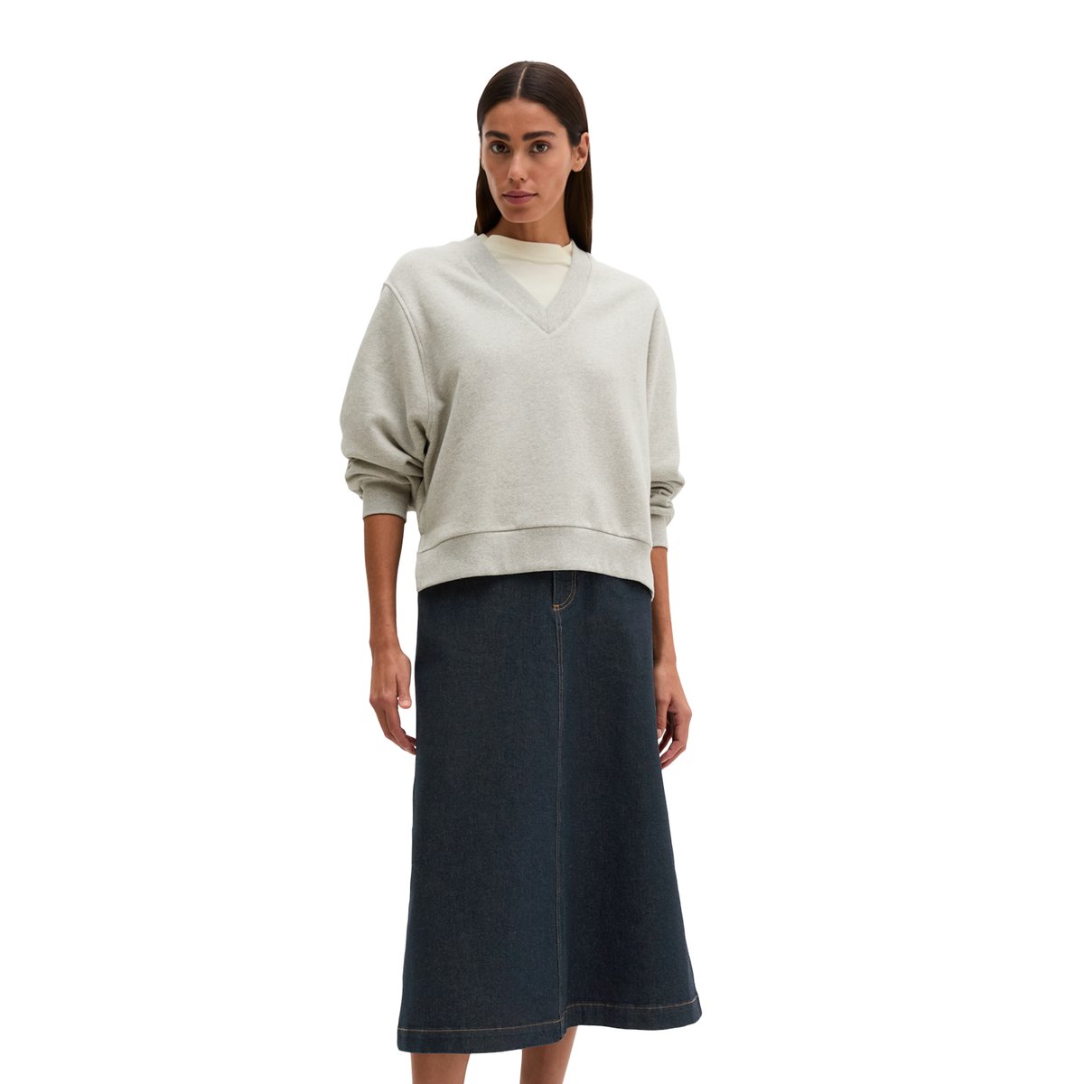 Sweat-shirt à col en V, coupe décontractée en mélange de coton bio gris, MARC O'POLO