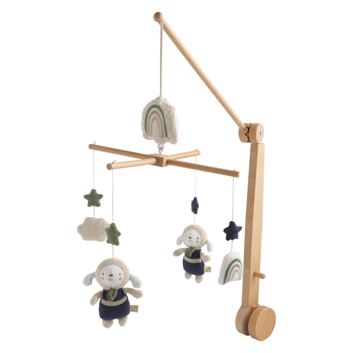 Mobile musical en bois avec jouets en coton bleu, SAUTHON