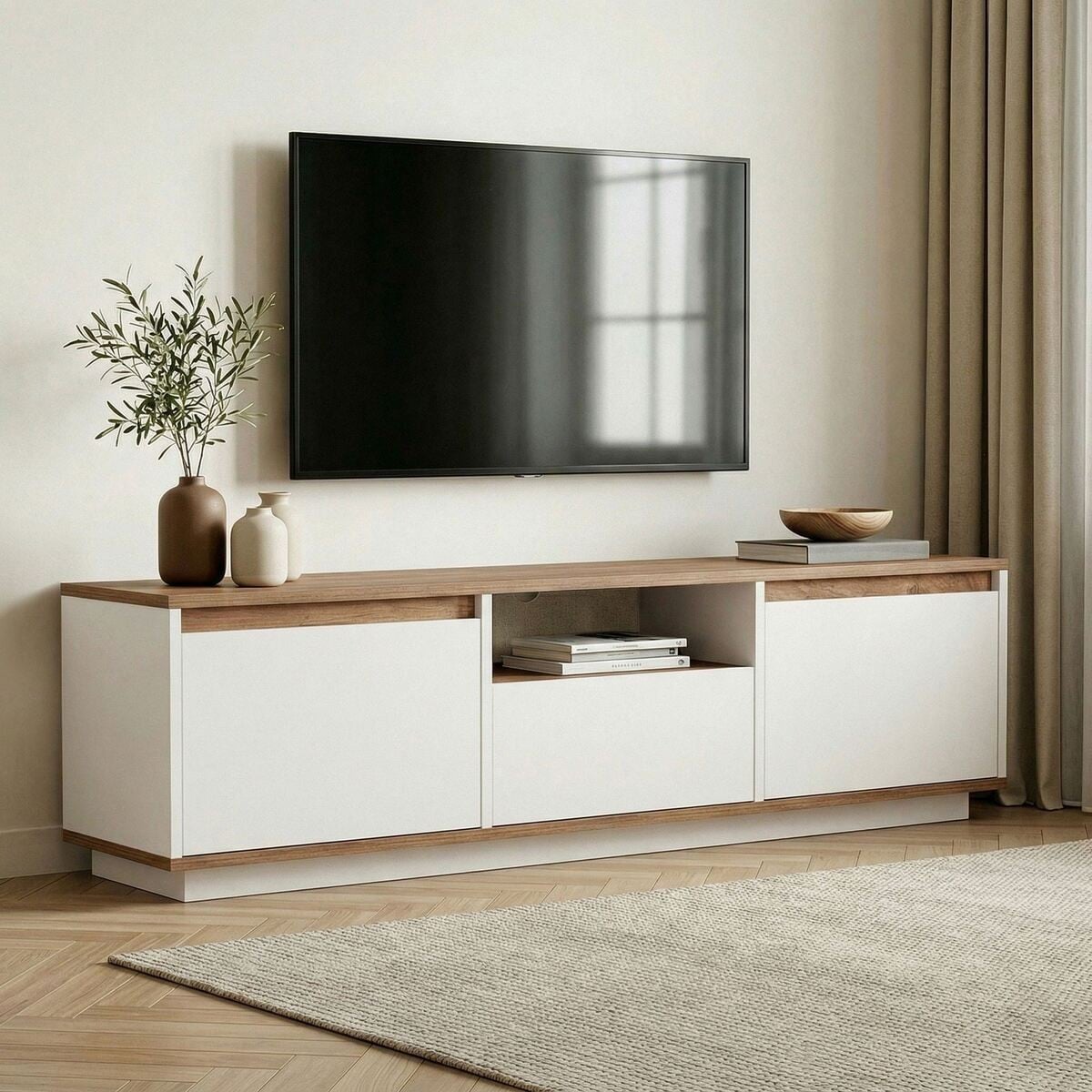 Meuble TV 3 abattants 1 niche - LUME blanc/ pin atlantique, CALICOSY