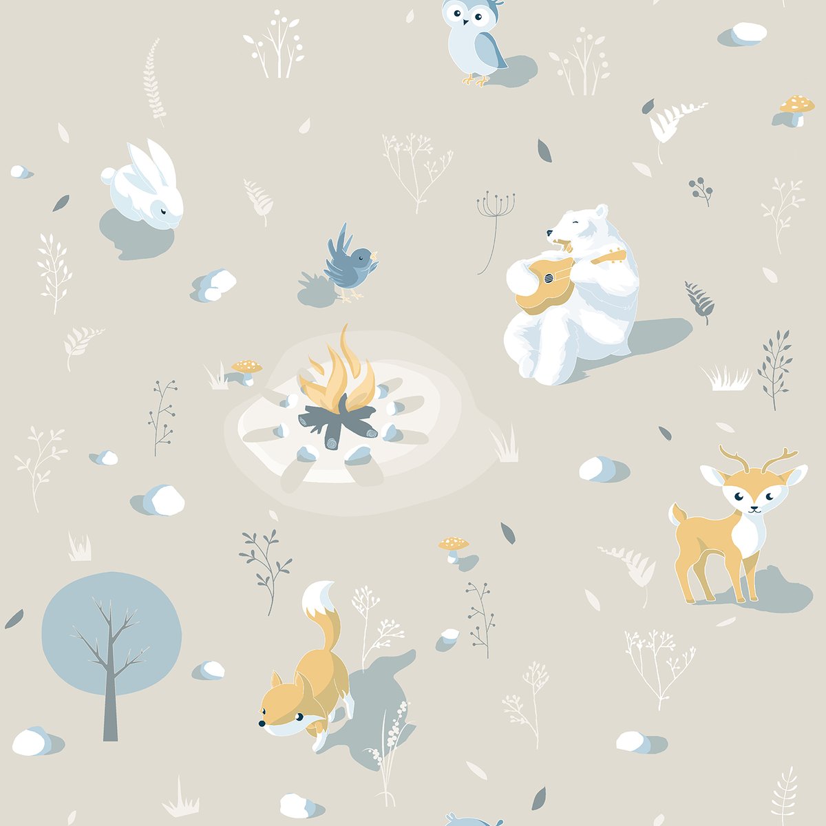 Papier peint enfant animaux forêt fond beige beige, HEXOA