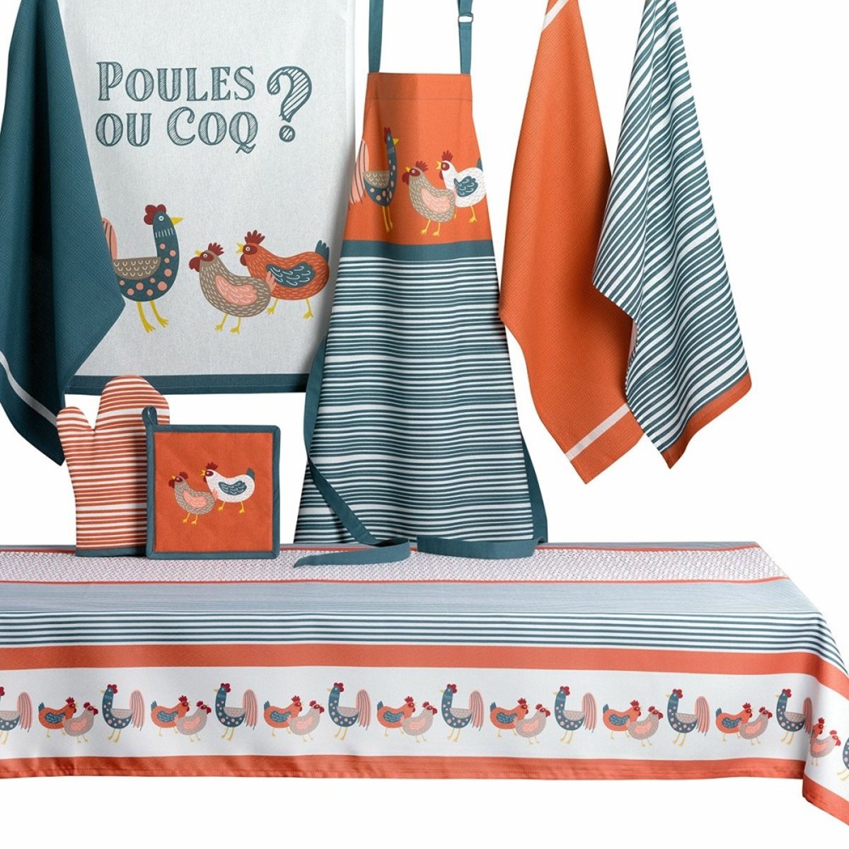 Tablier avec sangle ajustable 80x85 Poule ou Coq coton orange, DECORATIE