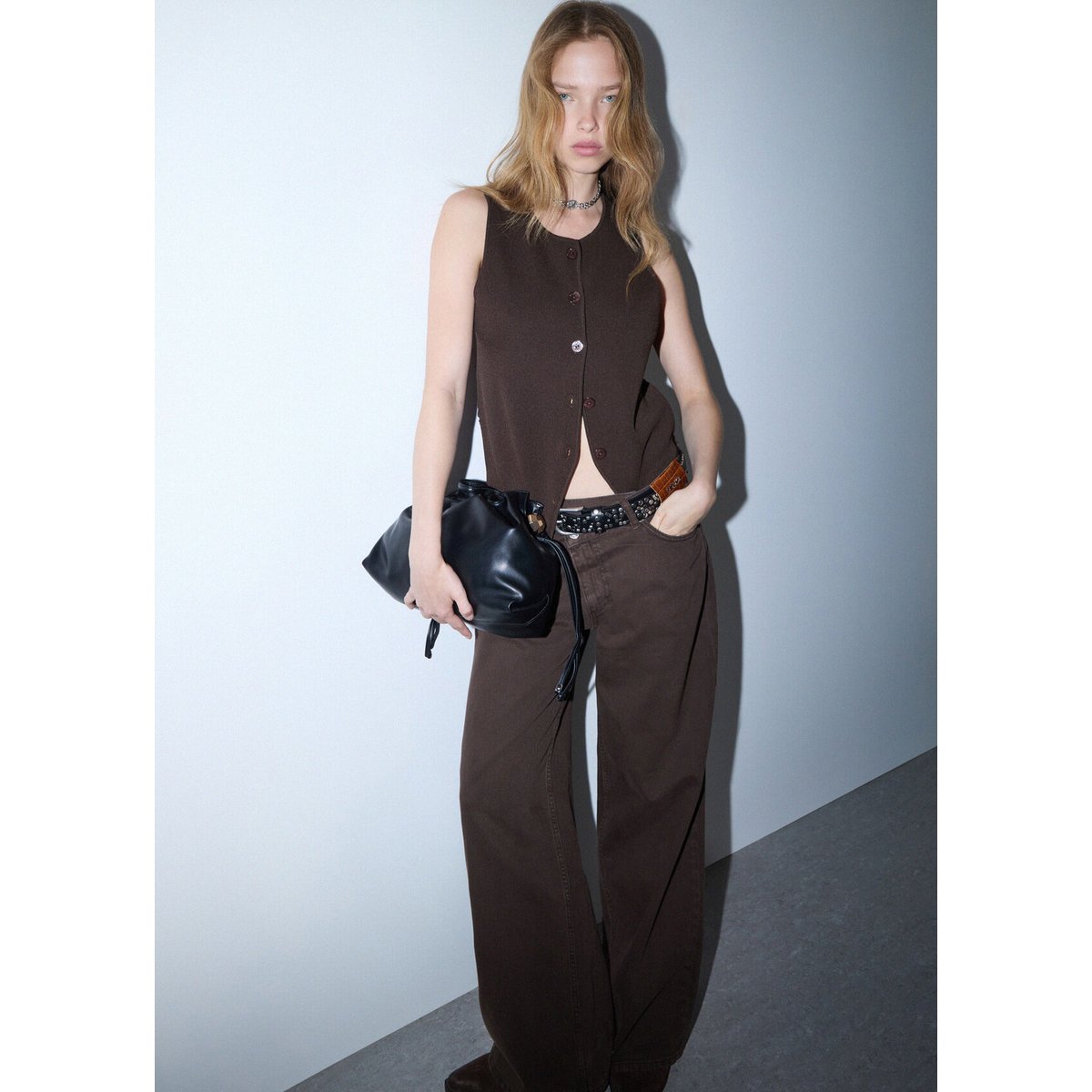 Pantalon droit avec ceinture asymétrique marron foncé, LIU JO