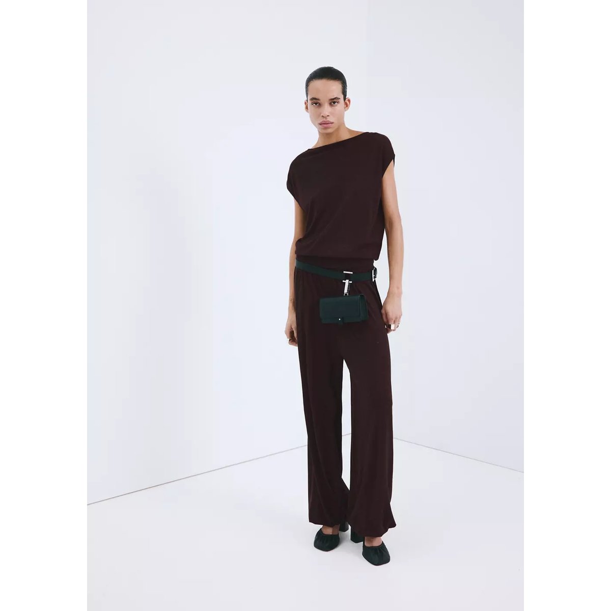 Pantalon balloon maille lie de vin, MANGO