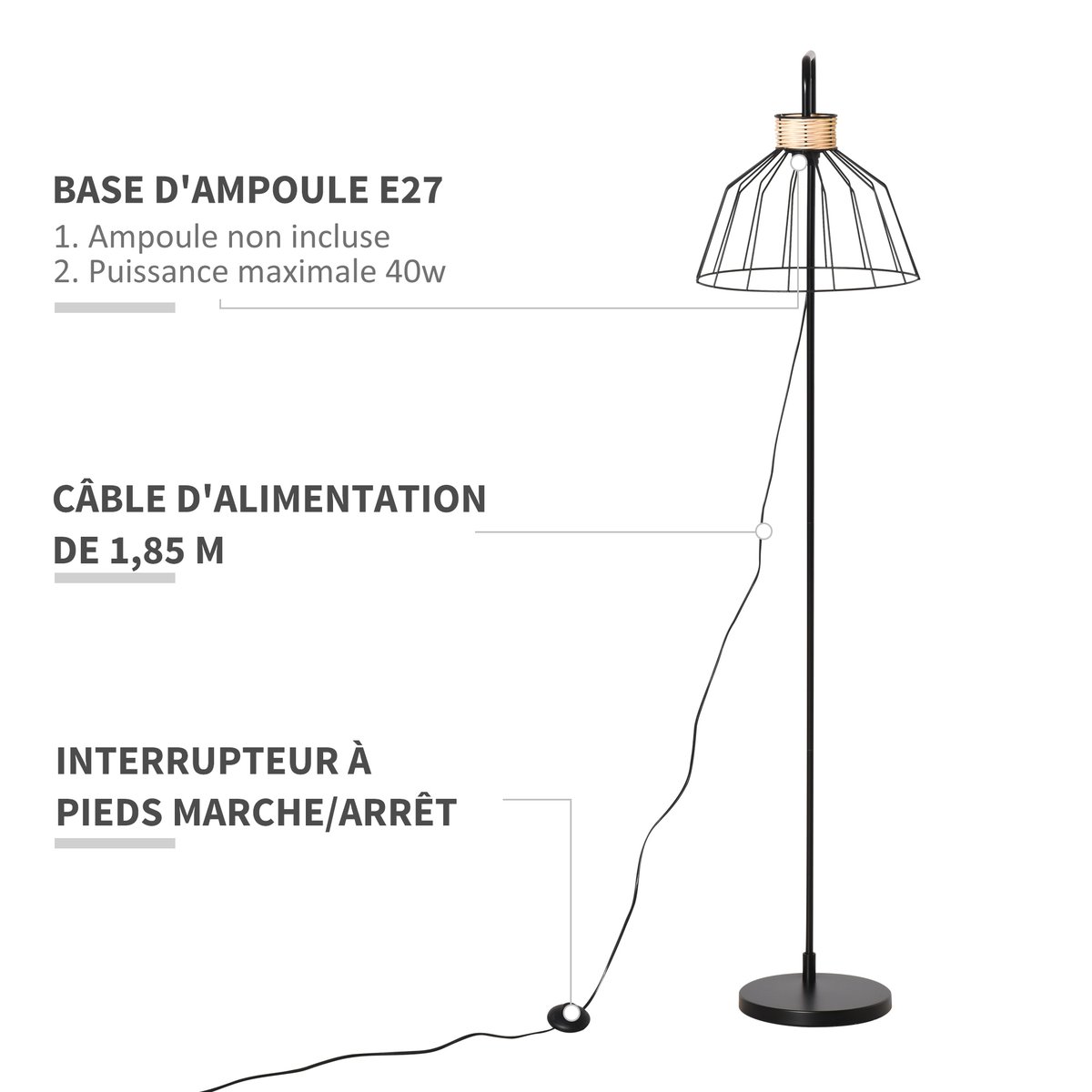 Lampadaire Métal Noir noir, HOMCOM