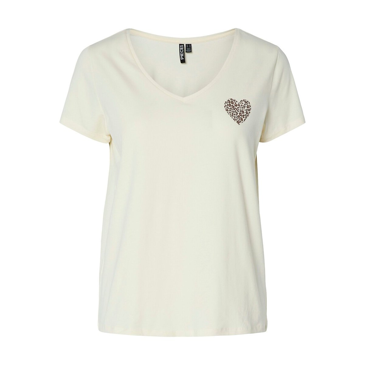 T-shirt col V, motif devant blanc/léopard, PIECES