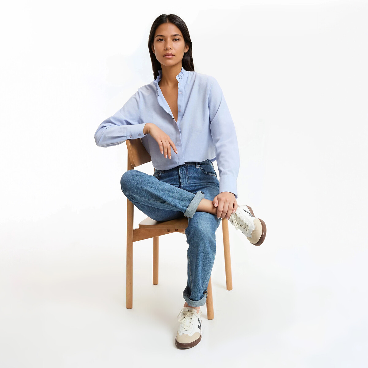 Chemise col montant volanté, manches longues bleu ciel, LA REDOUTE COLLECTIONS