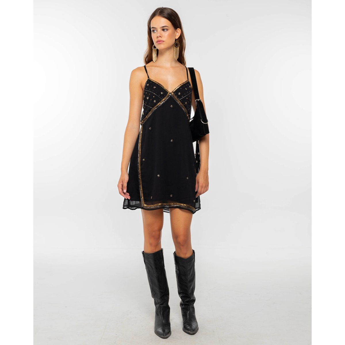 Robe courte noire à bretelles, brodée de sequins dorés et argentés noir, THE-ARE