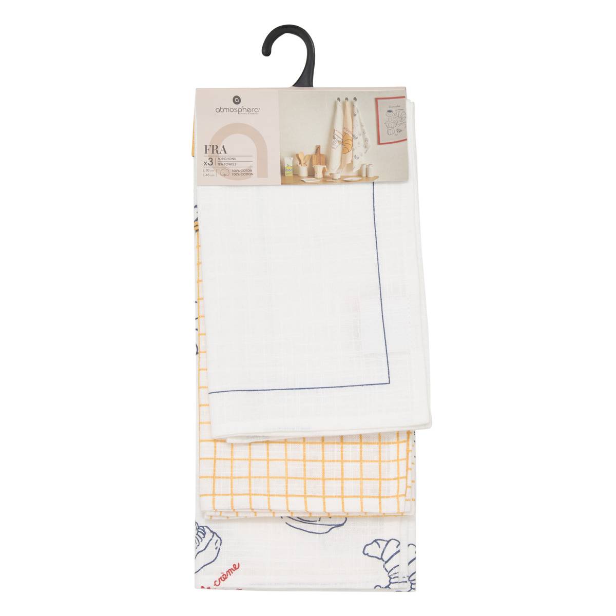 Lot de 3 torchons en coton FRA blanc, ATMOSPHERA