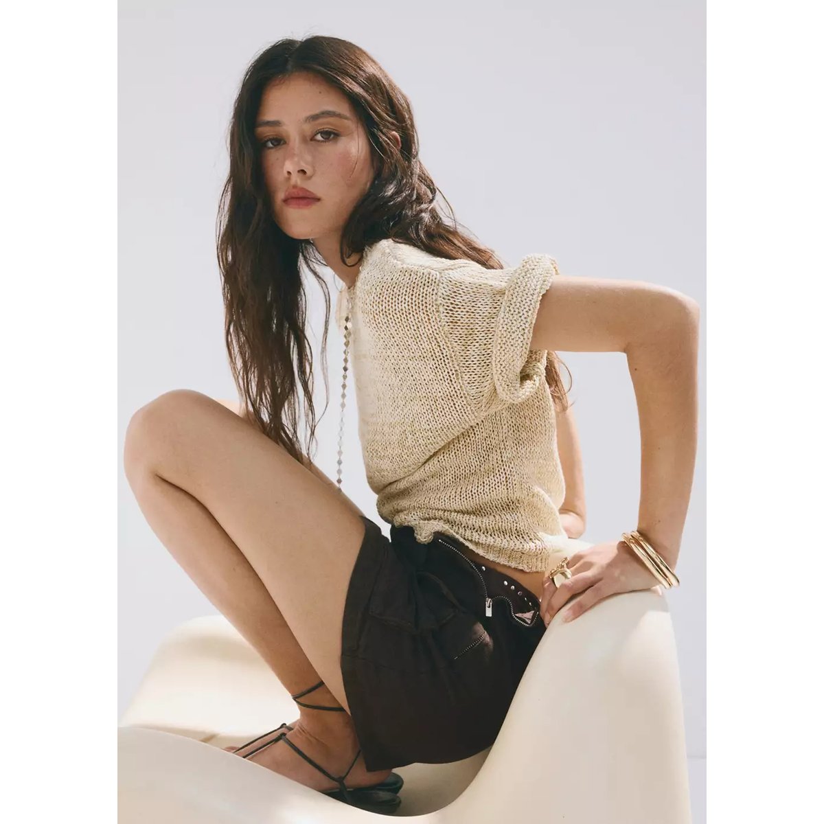 Jupe-short en denim cargo chocolat, MANGO