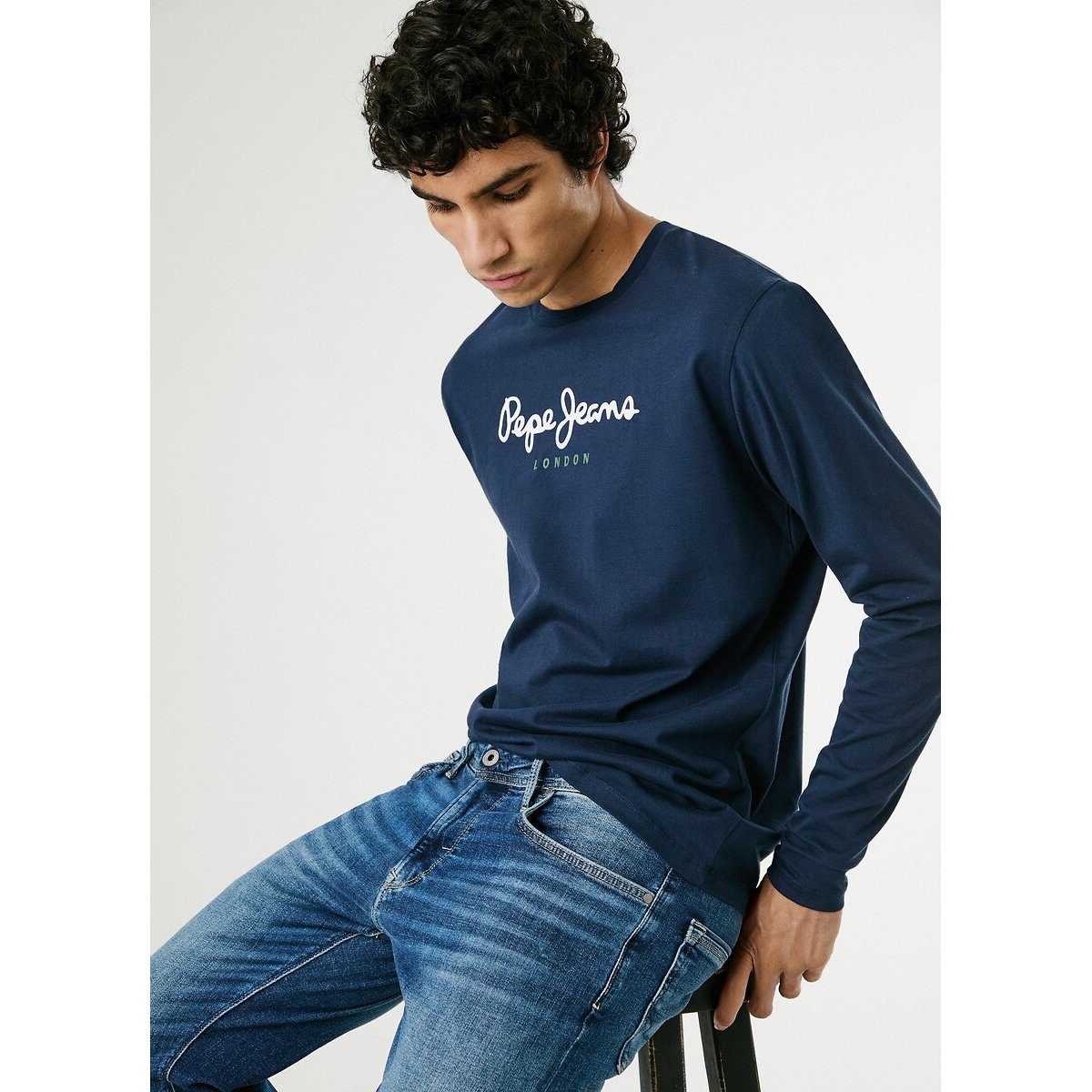 T-shirt col rond manches longues Eggo bleu marine, PEPE JEANS