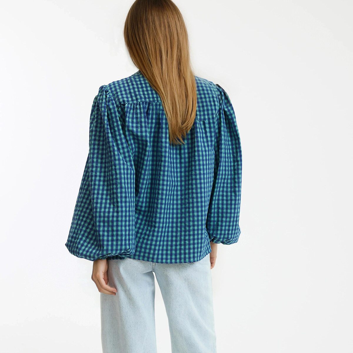 Signatures Lise Checked Shirt with Mandarin Collar checked blue/green, LA REDOUTE COLLECTIONS