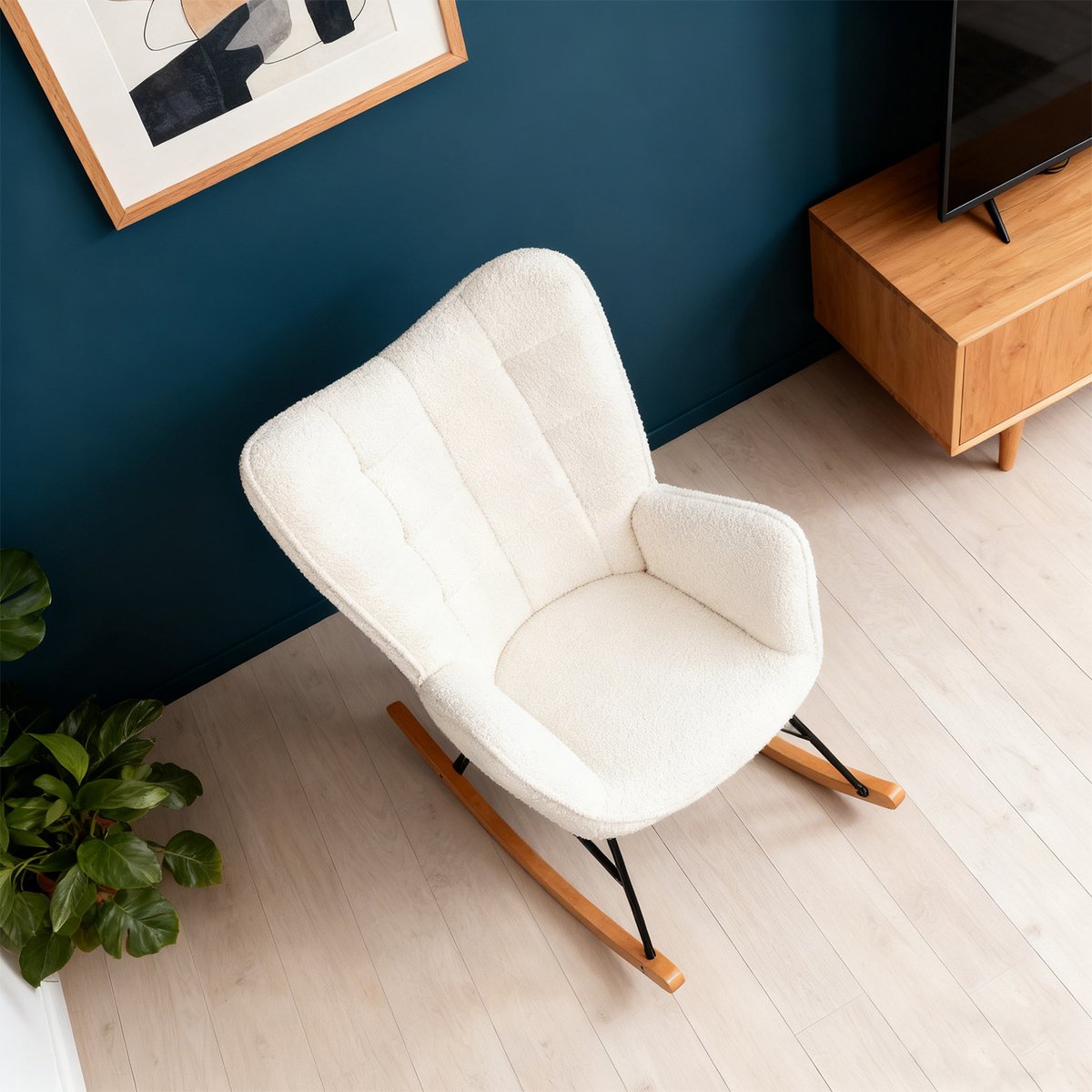 Fauteuil à bascule rocking chair style scandinave pieds en hêtre en tissu bouclette, FUNKEL blanc, MEUBLES COSY