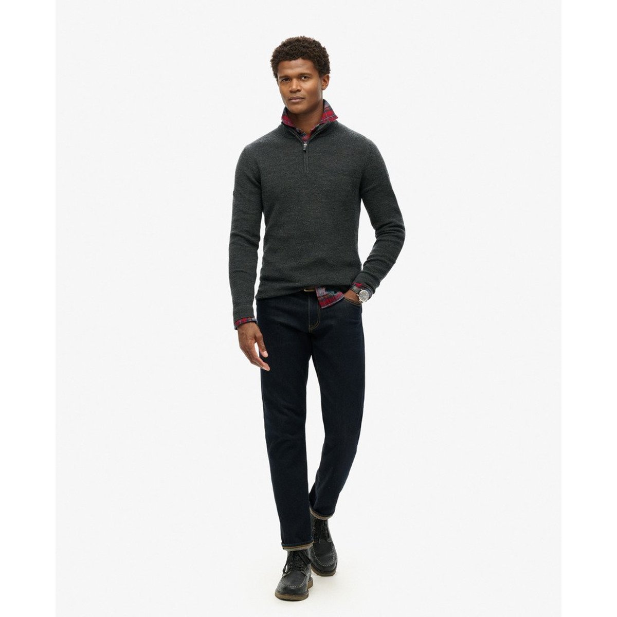 Pull semi-zippé en laine mérinos anthracite foncé chiné, SUPERDRY