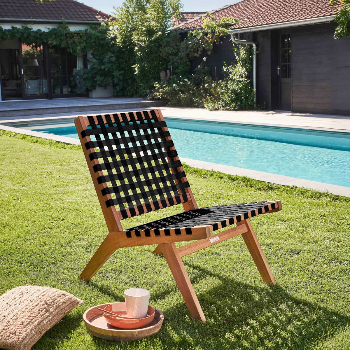 Lot de 2 fauteuils relax de jardin en bois, BONDY noir, OVIALA