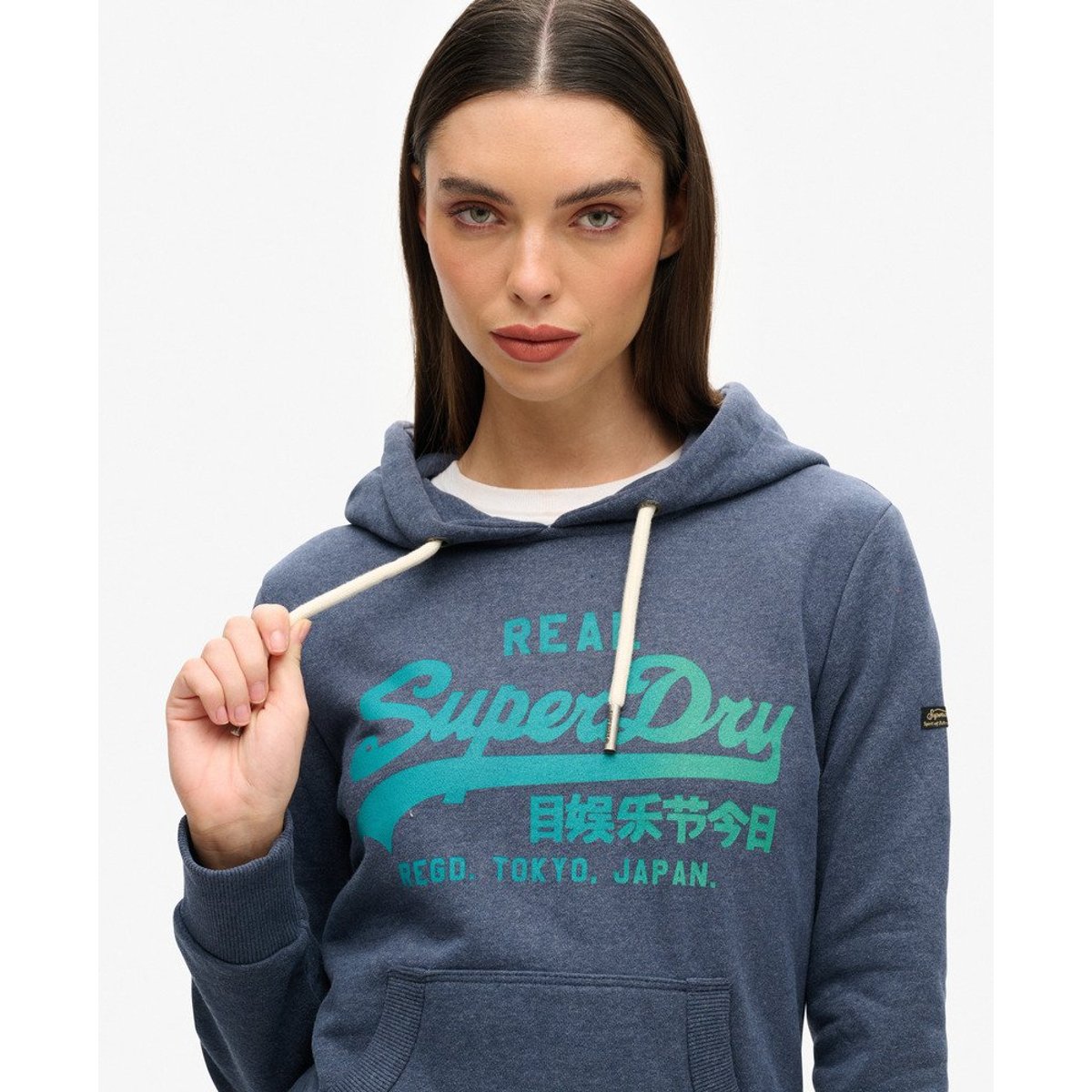 Sweat à capuche Vintage Logo ton sur ton indigo chiné, SUPERDRY