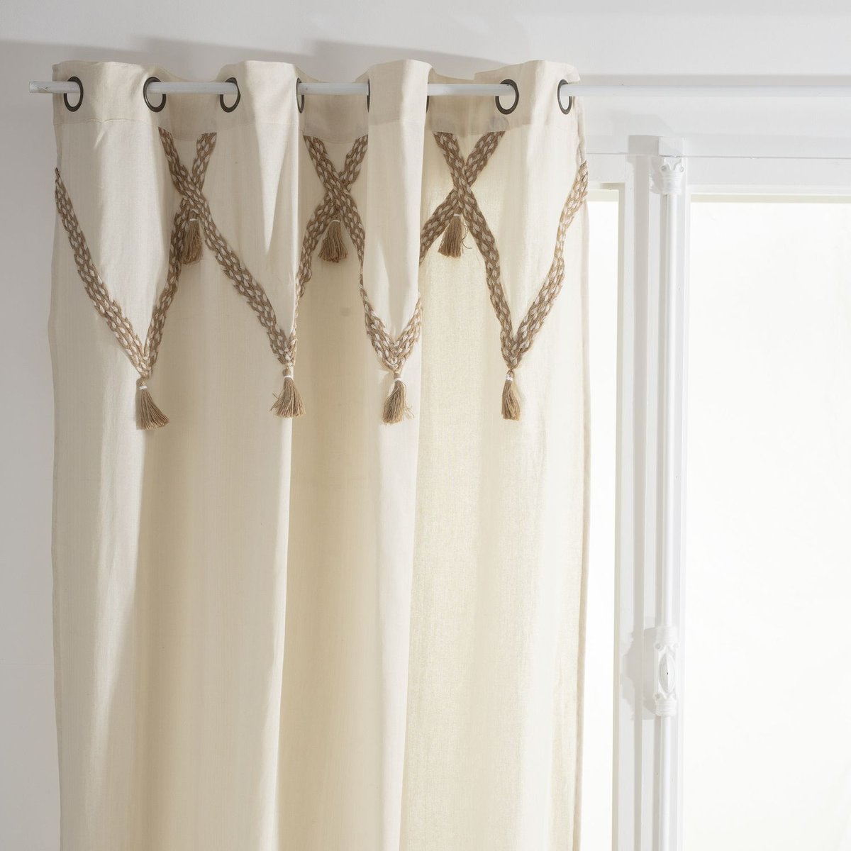 Lot de 2 rideaux en coton et en jute avec pompons CARMEN beige, TOILINUX