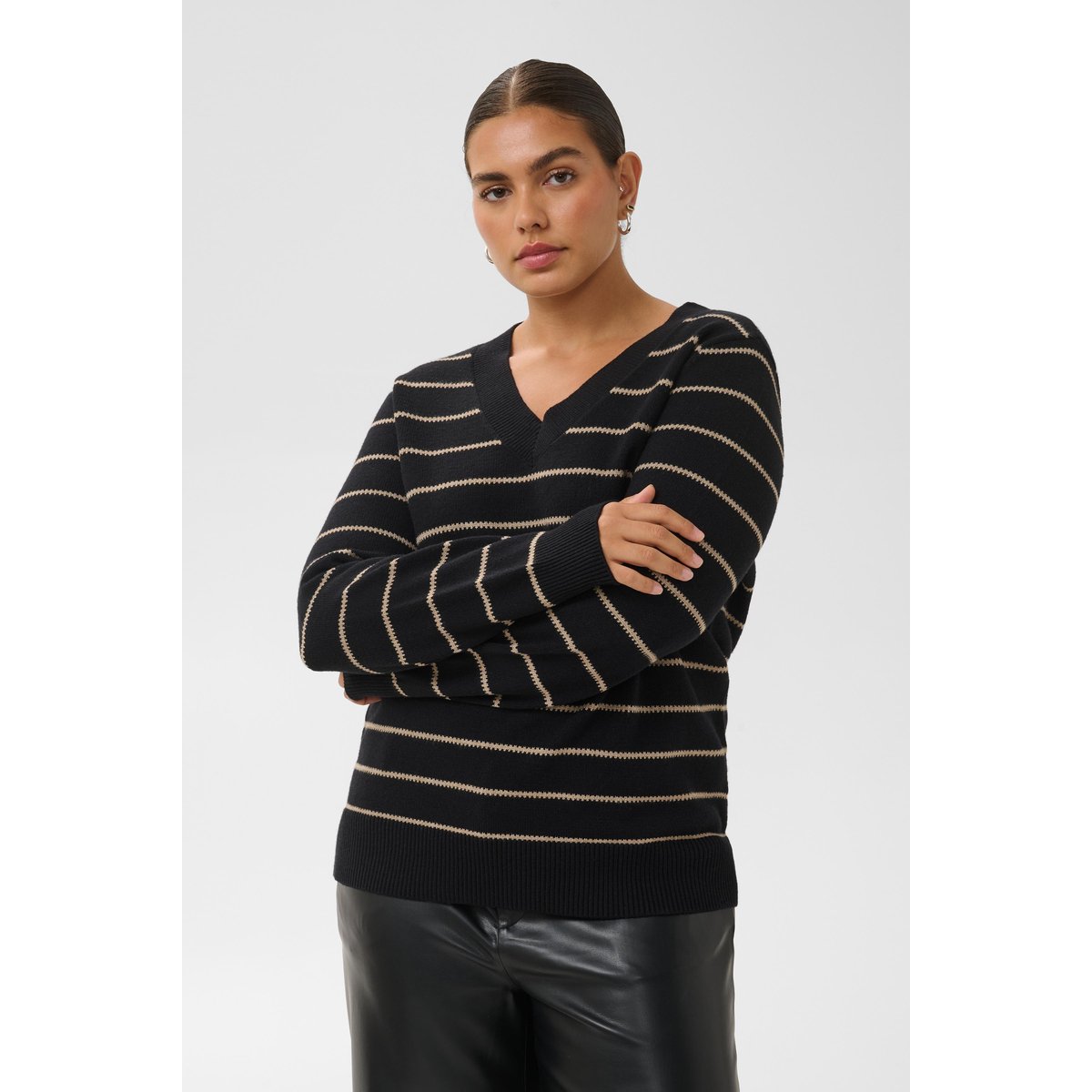 Pullover tricoté noir beige black/desert taupe m. stripe, KAFFE CURVE