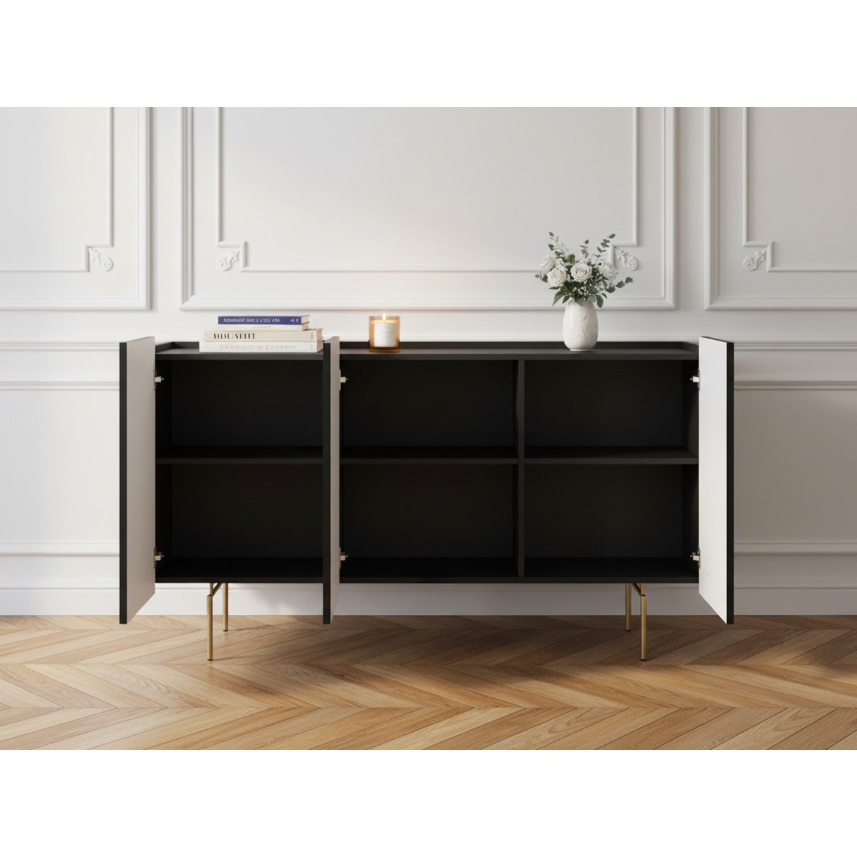 Buffet bas en panneaux de particules et MDF 4 portes 150 cm, MATHILDE noir, BOBOCHIC