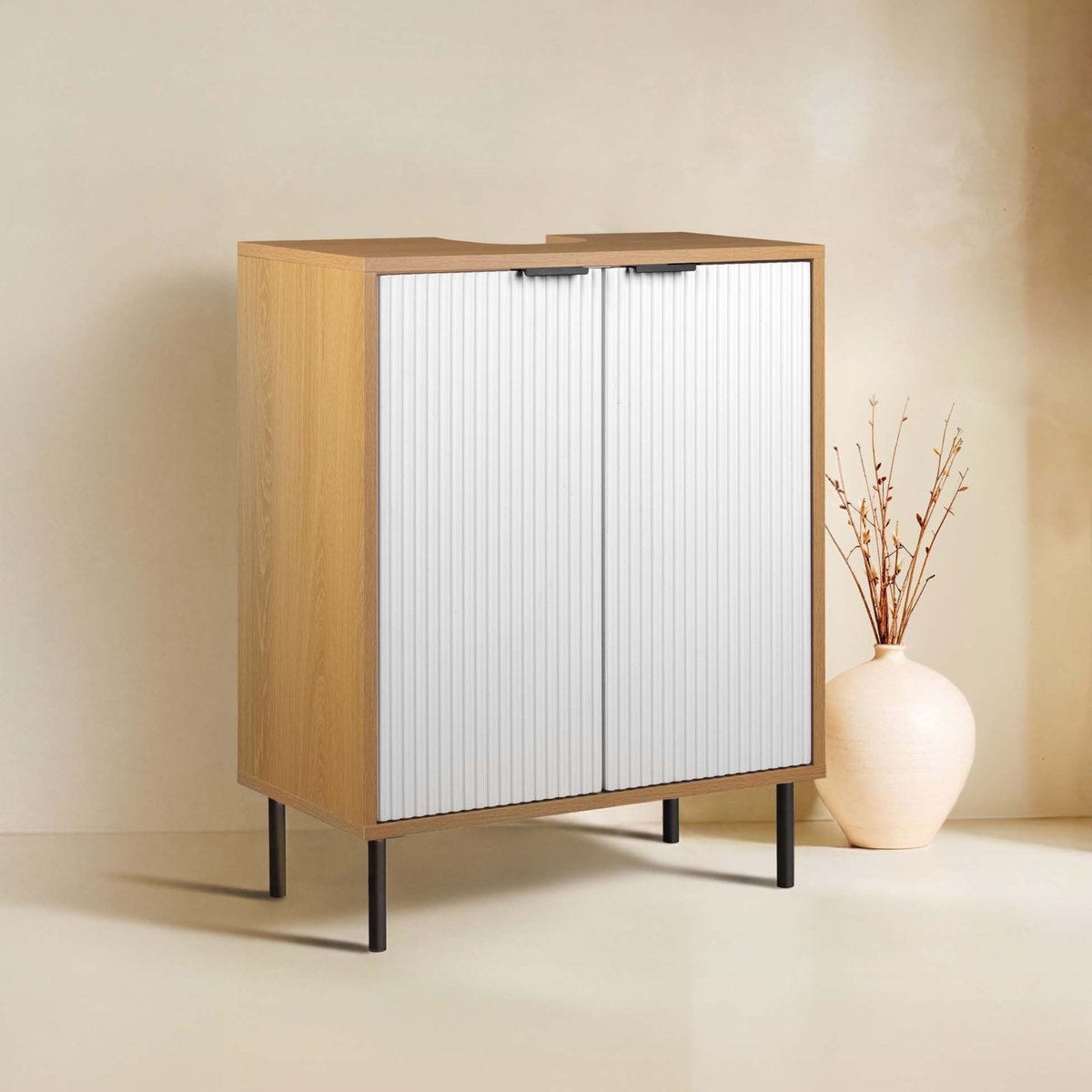Meuble sous vasque de salle de bain avec rangement et portes rainurées naturel, DOUCEUR D'INTÉRIEUR
