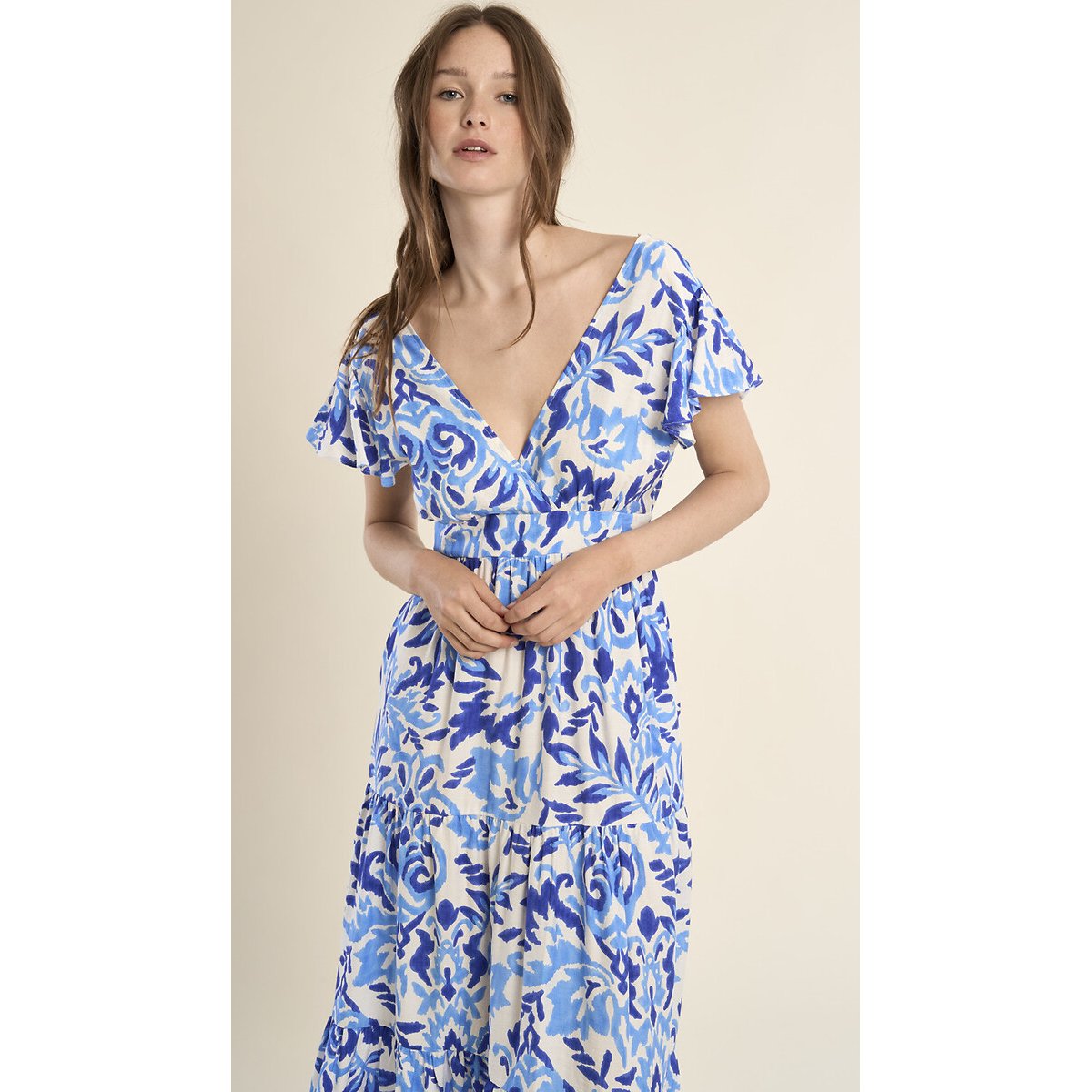 Robe longue imprimée manches courtes imprimé bleu, MOLLY BRACKEN