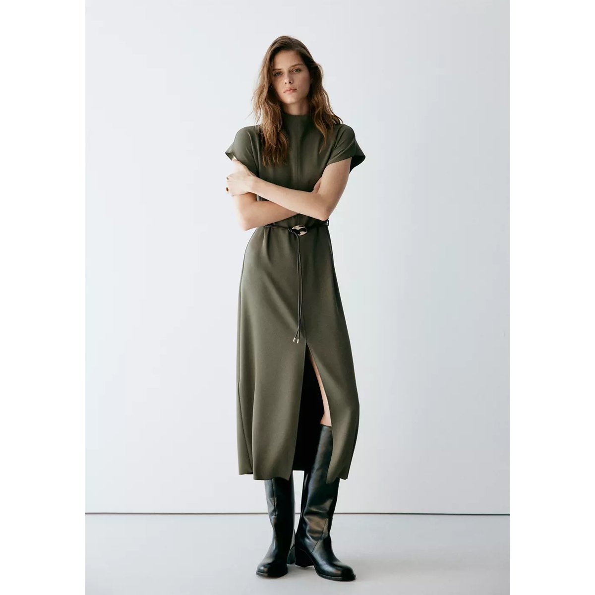 Veste à col montant avec ceinture marron, MANGO