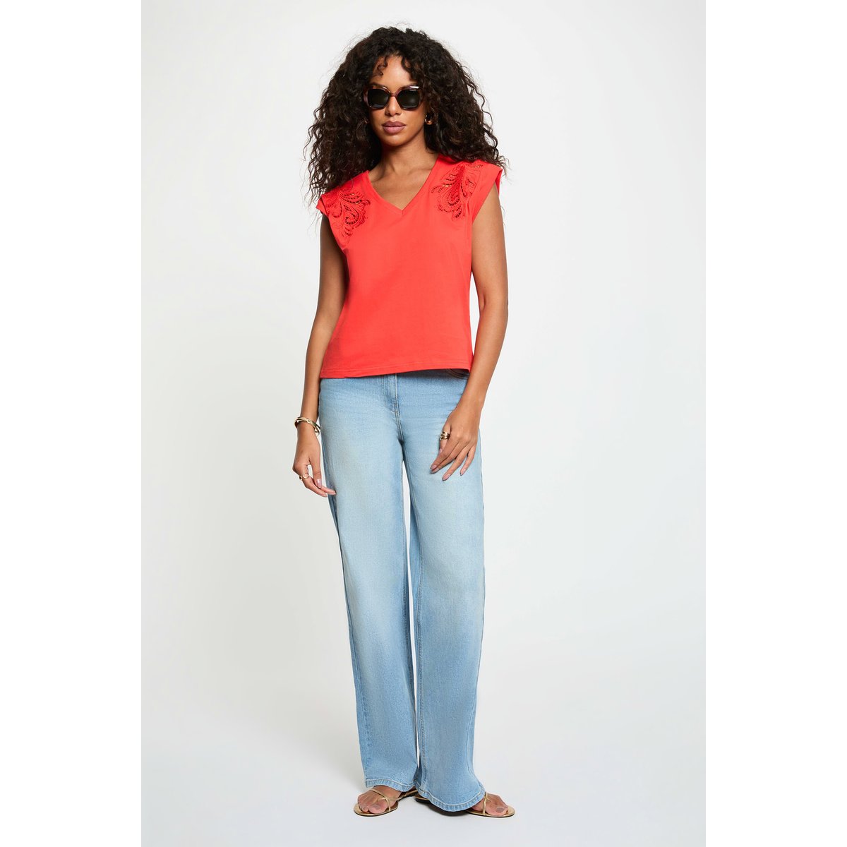 T-shirt col v manches courtes rouge vif, MORGAN